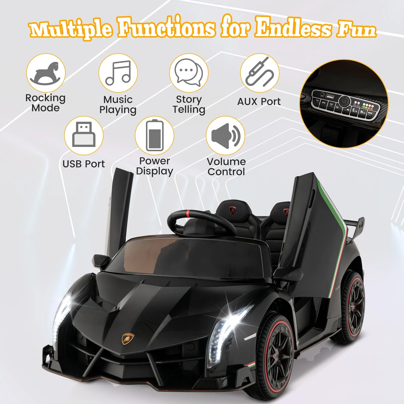 12V Licensed Lamborghini 4WD Kids Ride-on Sports Car with 2.4G Remote-Black - Image 6
