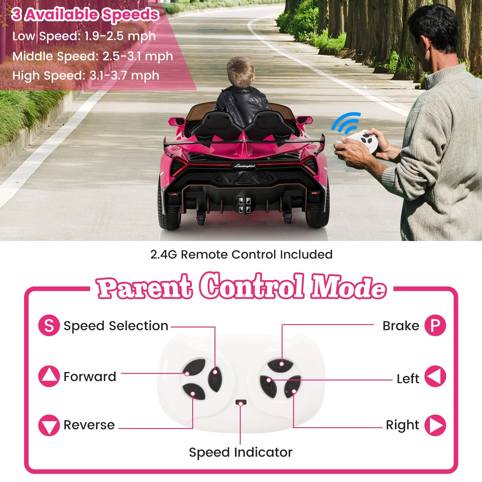 12V Licensed Lamborghini 4WD Kids Ride-on Sports Car with 2.4G Remote-Pink - Image 5
