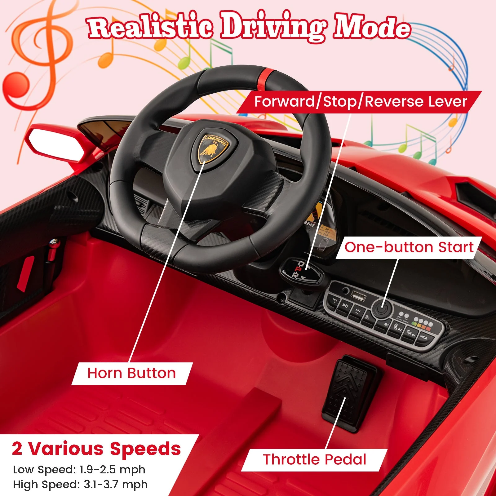 12V Licensed Lamborghini 4WD Kids Ride-on Sports Car with 2.4G Remote-Red - Image 6