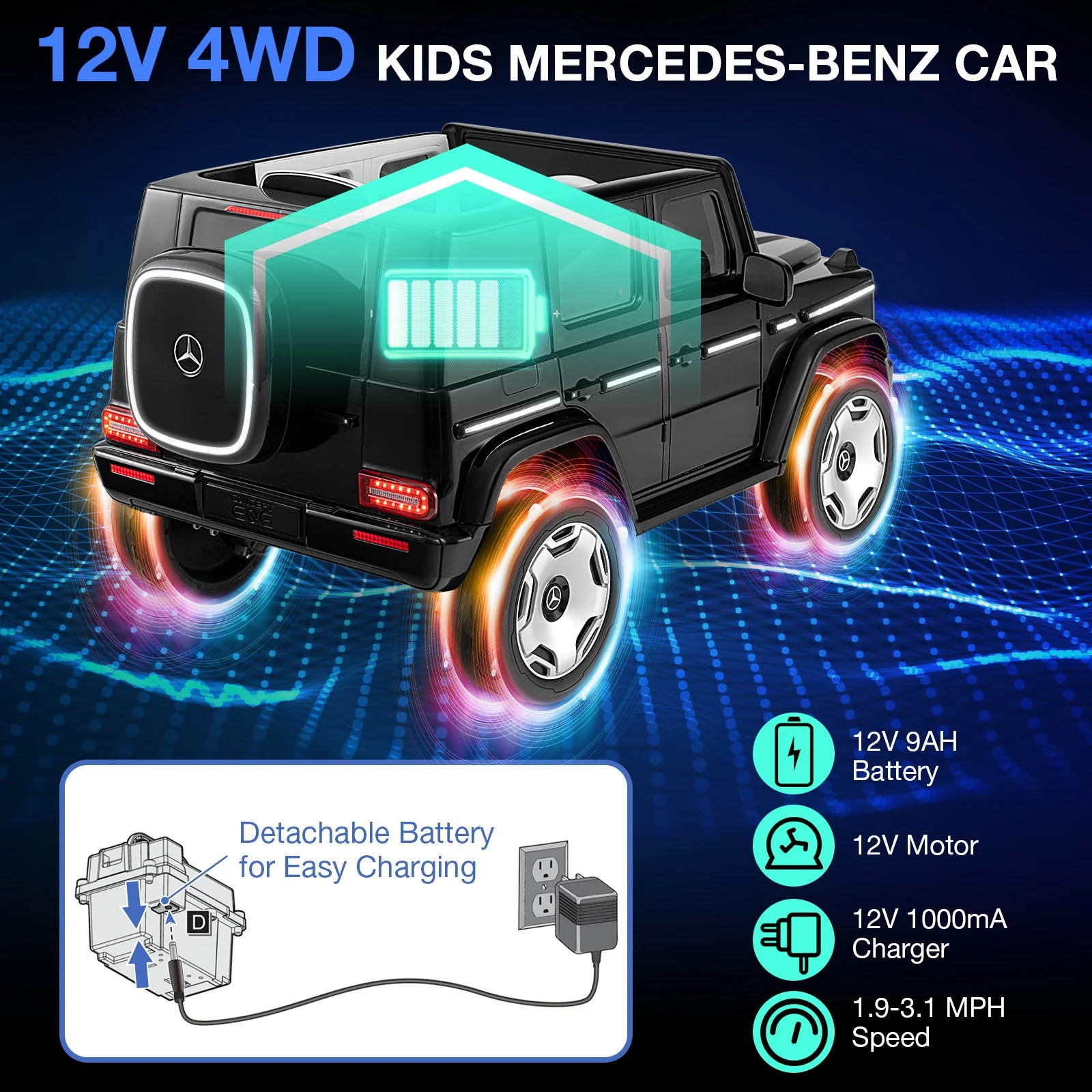 12V Licensed Mercedes-Benz EQG Kids Ride On Car with Remote Control-Black - Image 7