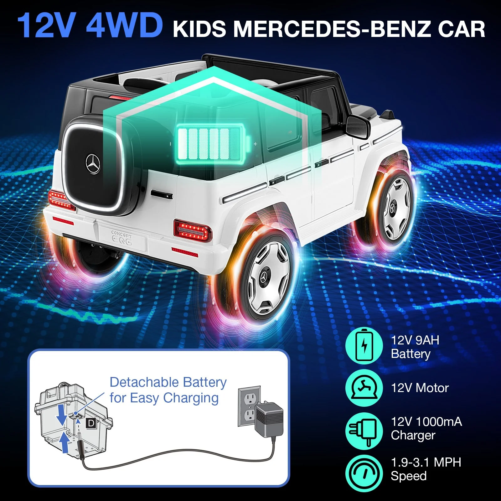12V Licensed Mercedes-Benz EQG Kids Ride On Car with Remote Control-White - Image 7