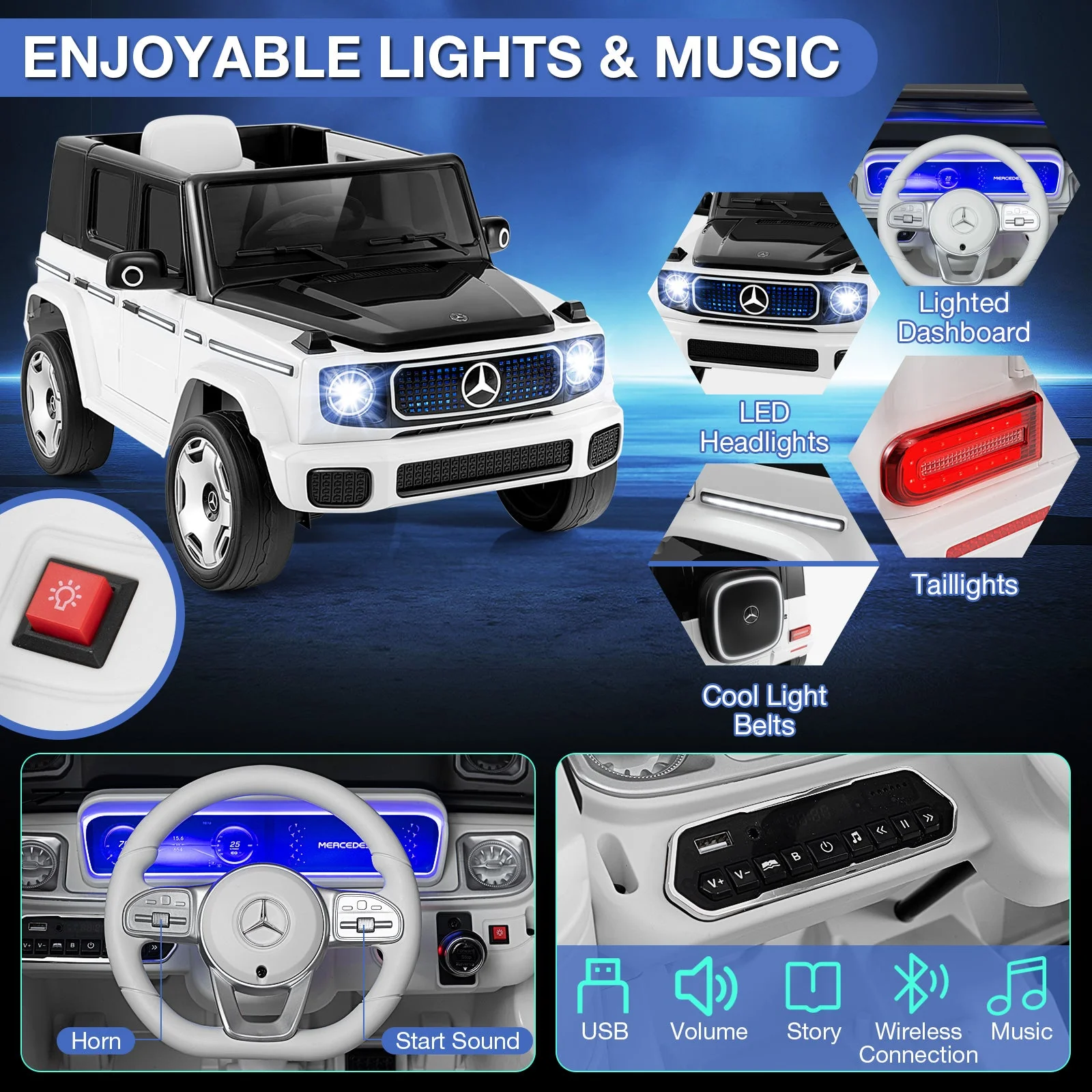 12V Licensed Mercedes-Benz EQG Kids Ride On Car with Remote Control-White - Image 8