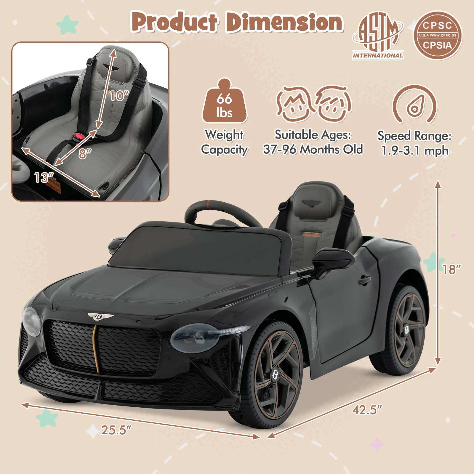 12V Powered Car Kids Ride-on Racer Car Licensed Bentley Bacalar-Black - Image 5