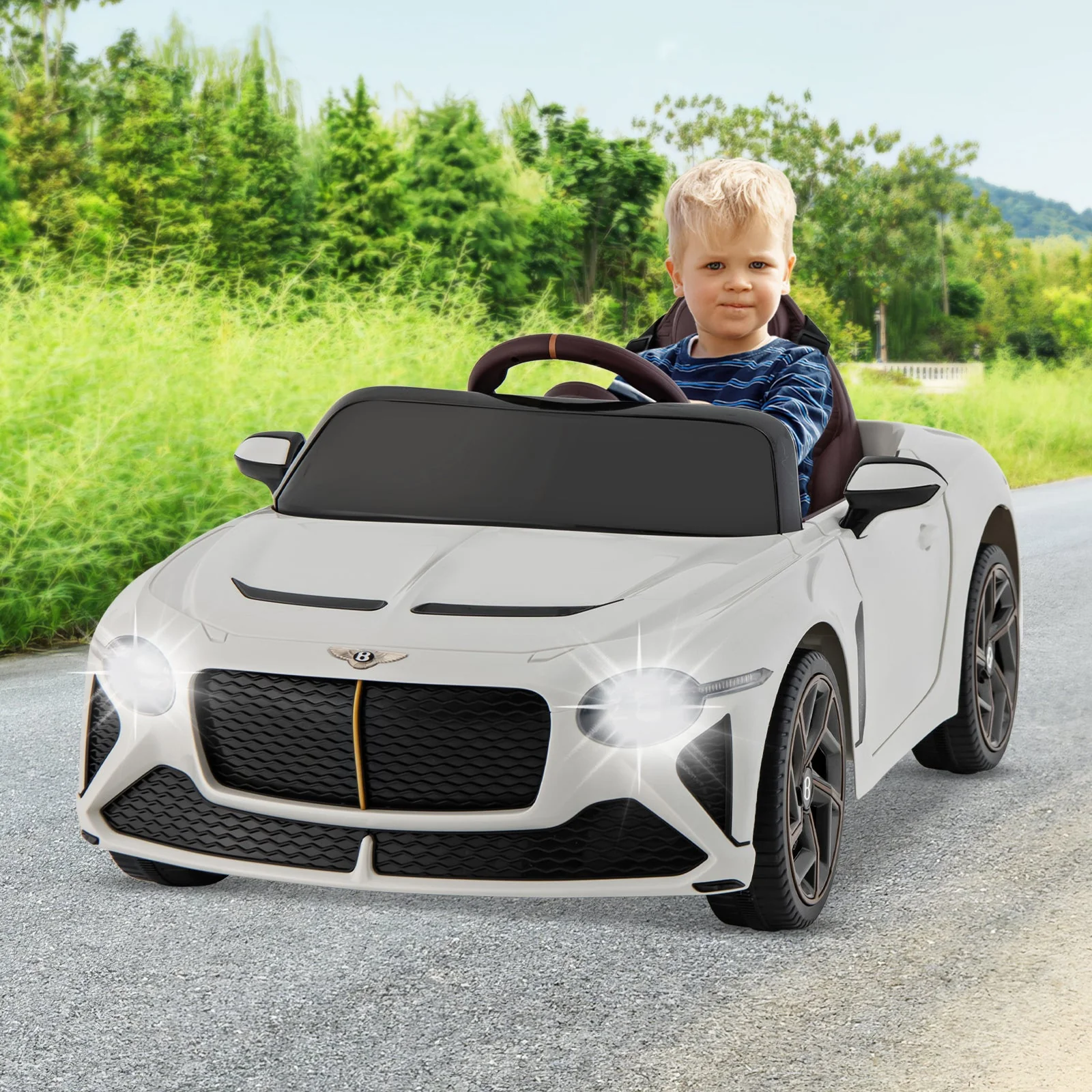 12V Powered Car Kids Ride-on Racer Car Licensed Bentley Bacalar-White - Image 2