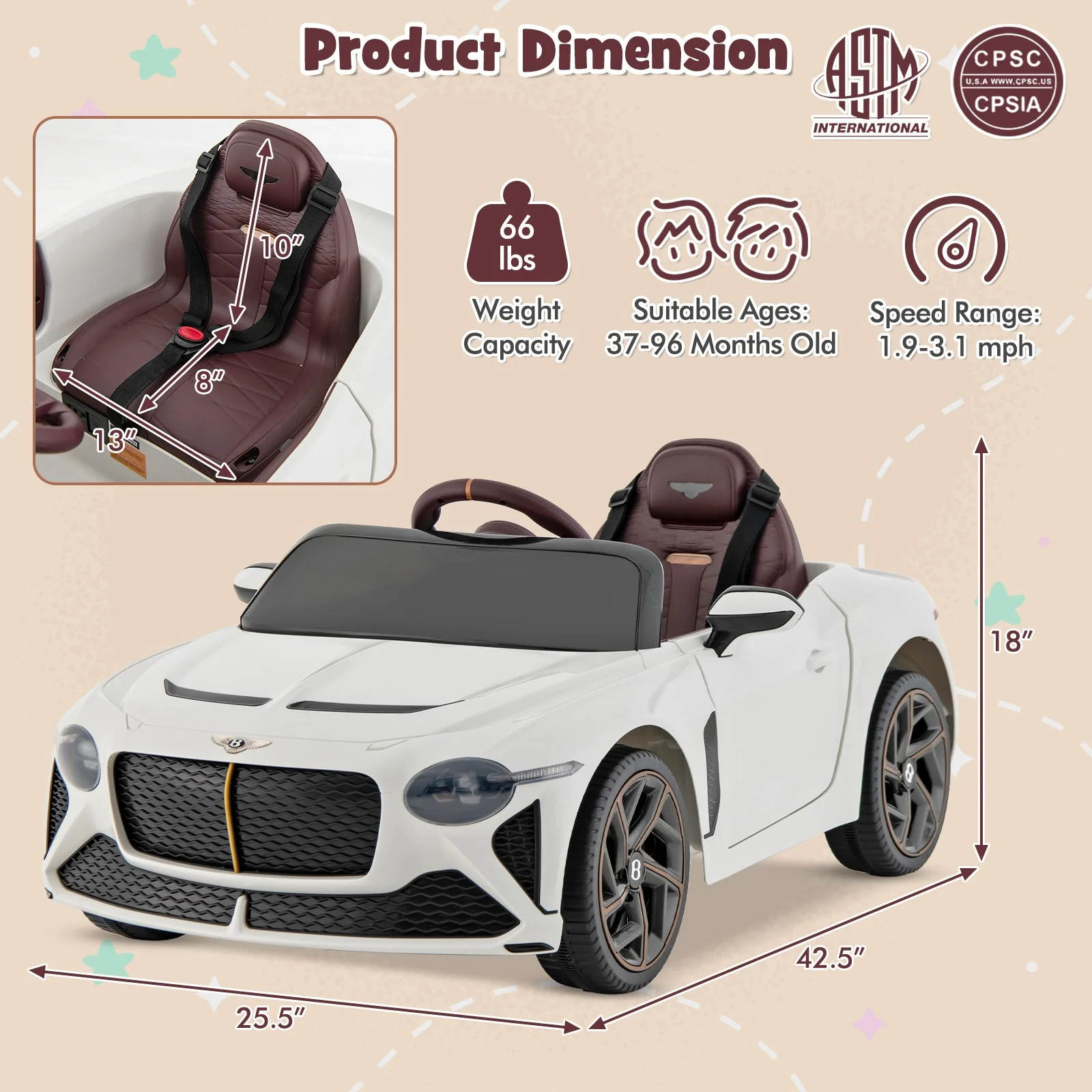 12V Powered Car Kids Ride-on Racer Car Licensed Bentley Bacalar-White - Image 4