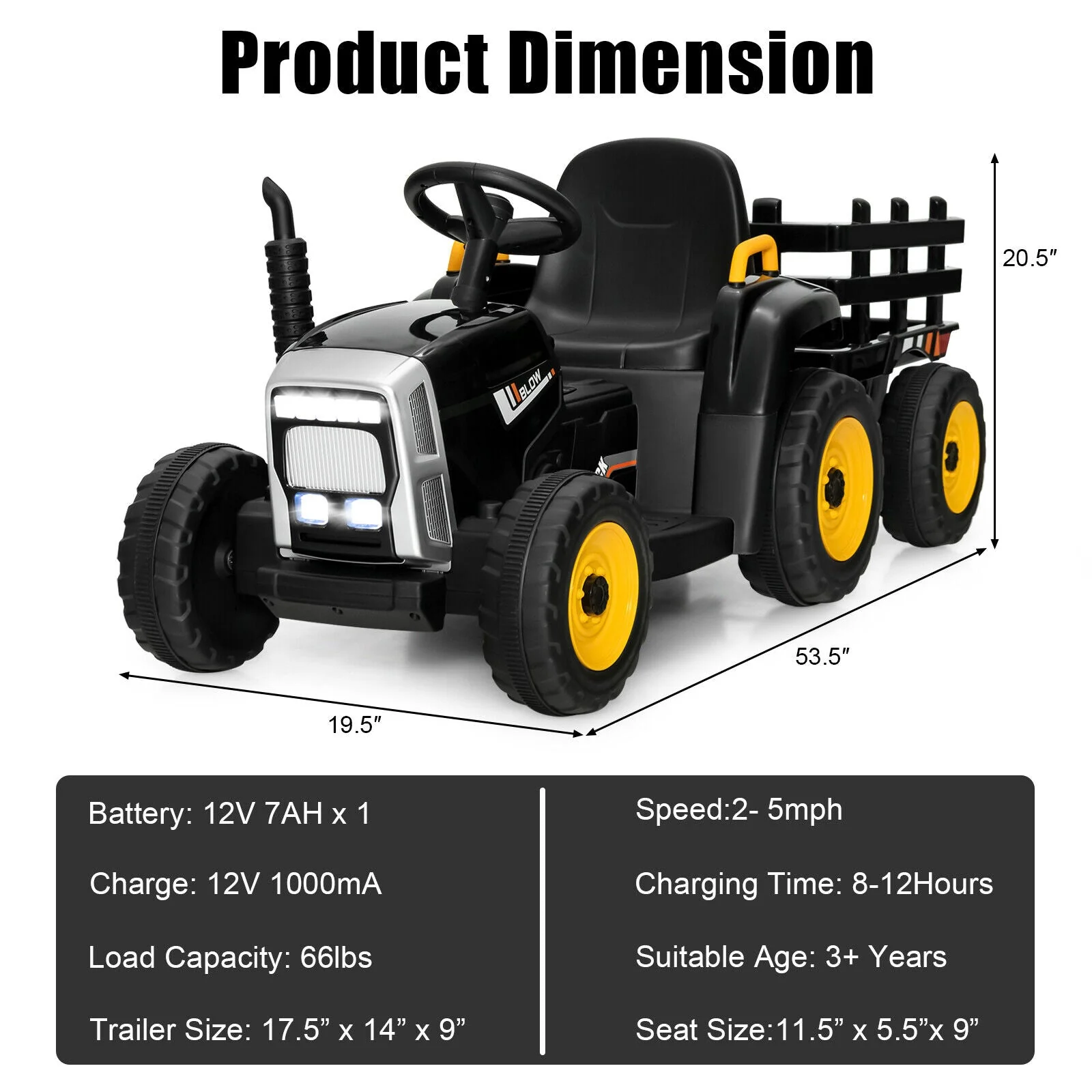 12V Ride on Tractor with 3-Gear-Shift Ground Loader for Kids 3+ Years Old-Black - Image 4
