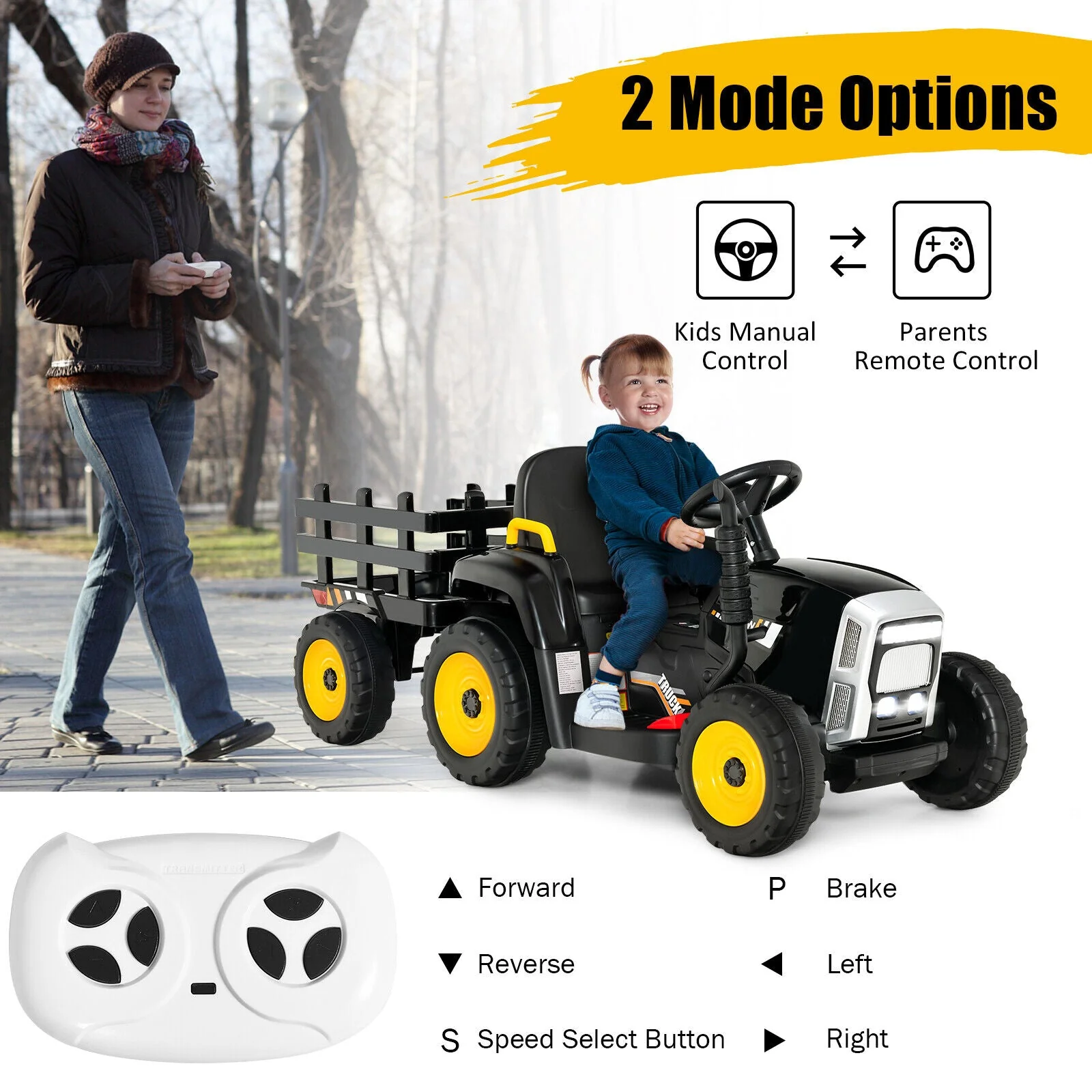 12V Ride on Tractor with 3-Gear-Shift Ground Loader for Kids 3+ Years Old-Black - Image 6