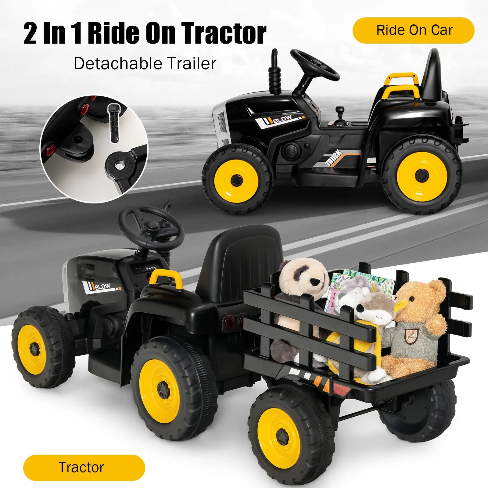 12V Ride on Tractor with 3-Gear-Shift Ground Loader for Kids 3+ Years Old-Black - Image 7