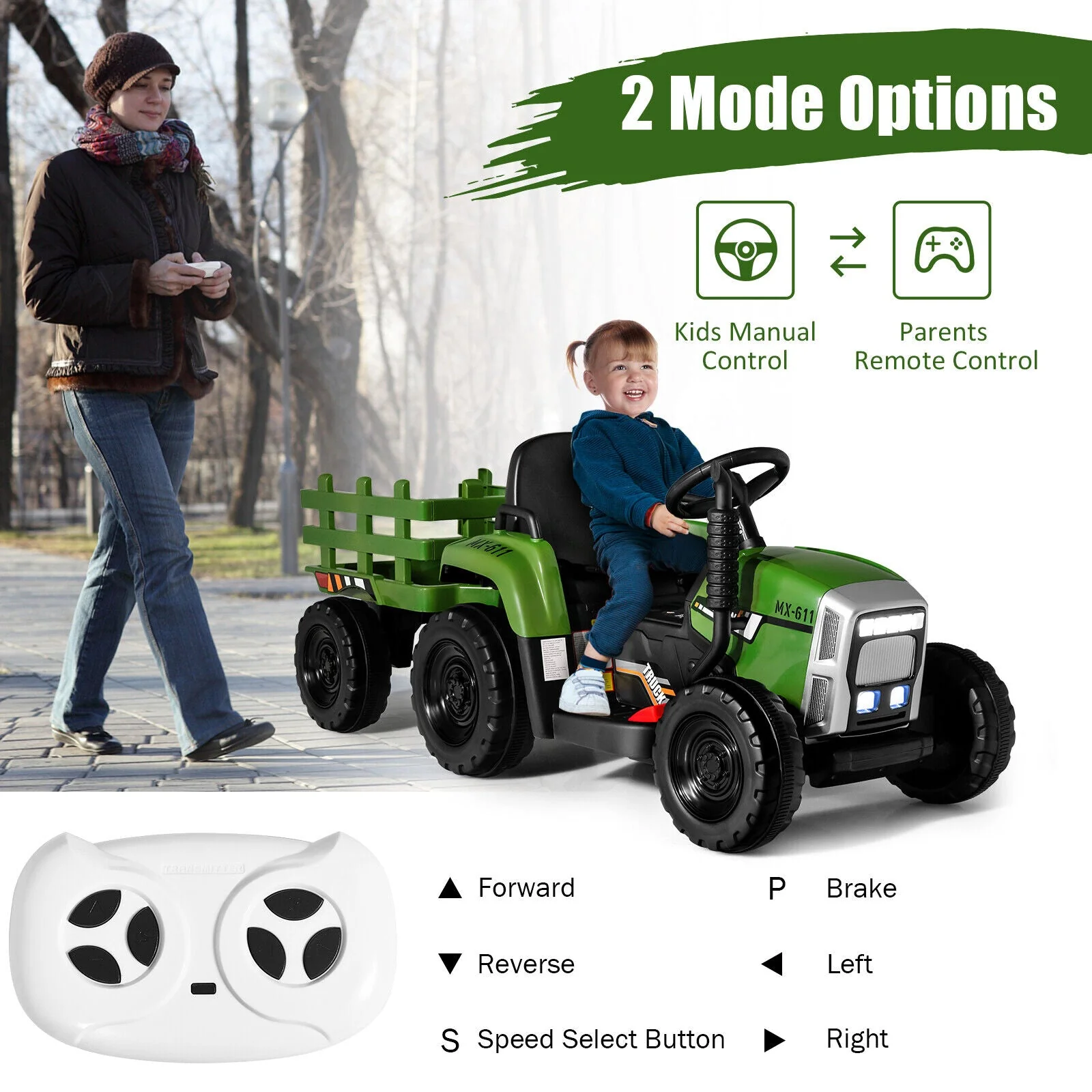12V Ride on Tractor with 3-Gear-Shift Ground Loader for Kids 3+ Years Old-Dark Green - Image 2