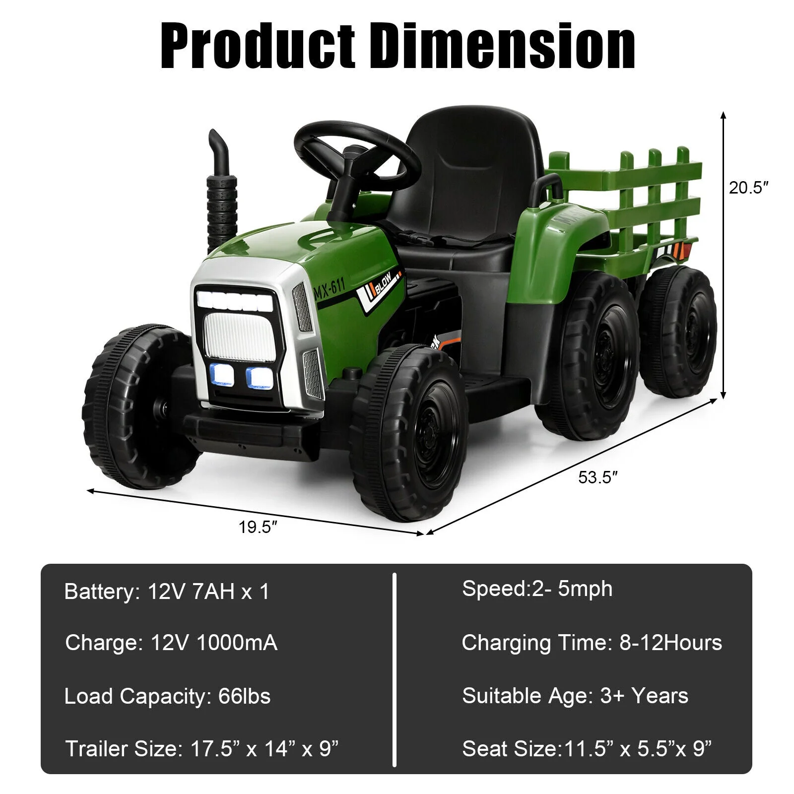 12V Ride on Tractor with 3-Gear-Shift Ground Loader for Kids 3+ Years Old-Dark Green - Image 5