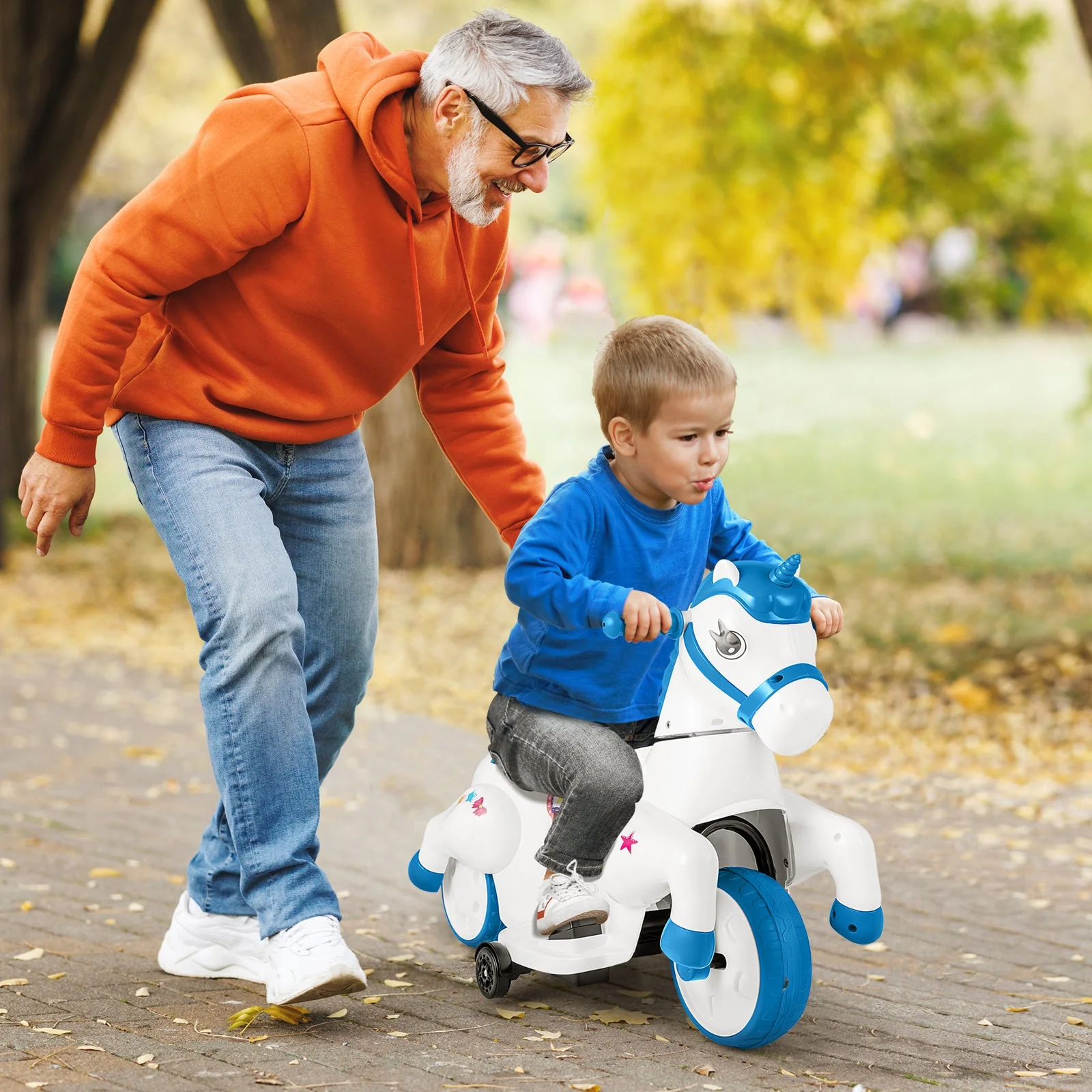 12V Unicorn Ride on Toy with Training Wheels and Horse Riding Mode-Navy - Image 2