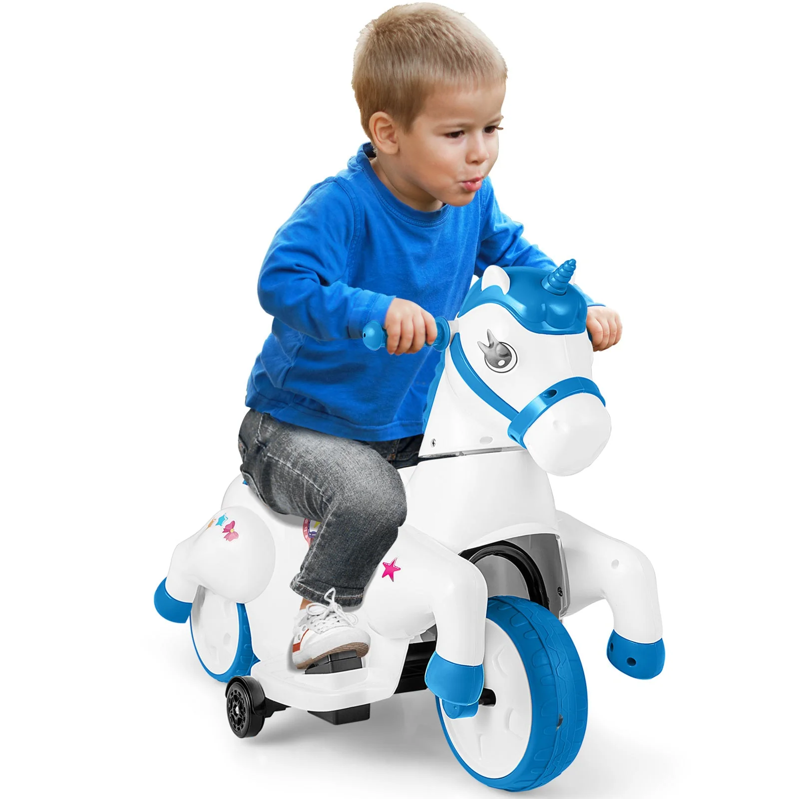 12V Unicorn Ride on Toy with Training Wheels and Horse Riding Mode-Navy - Image 4