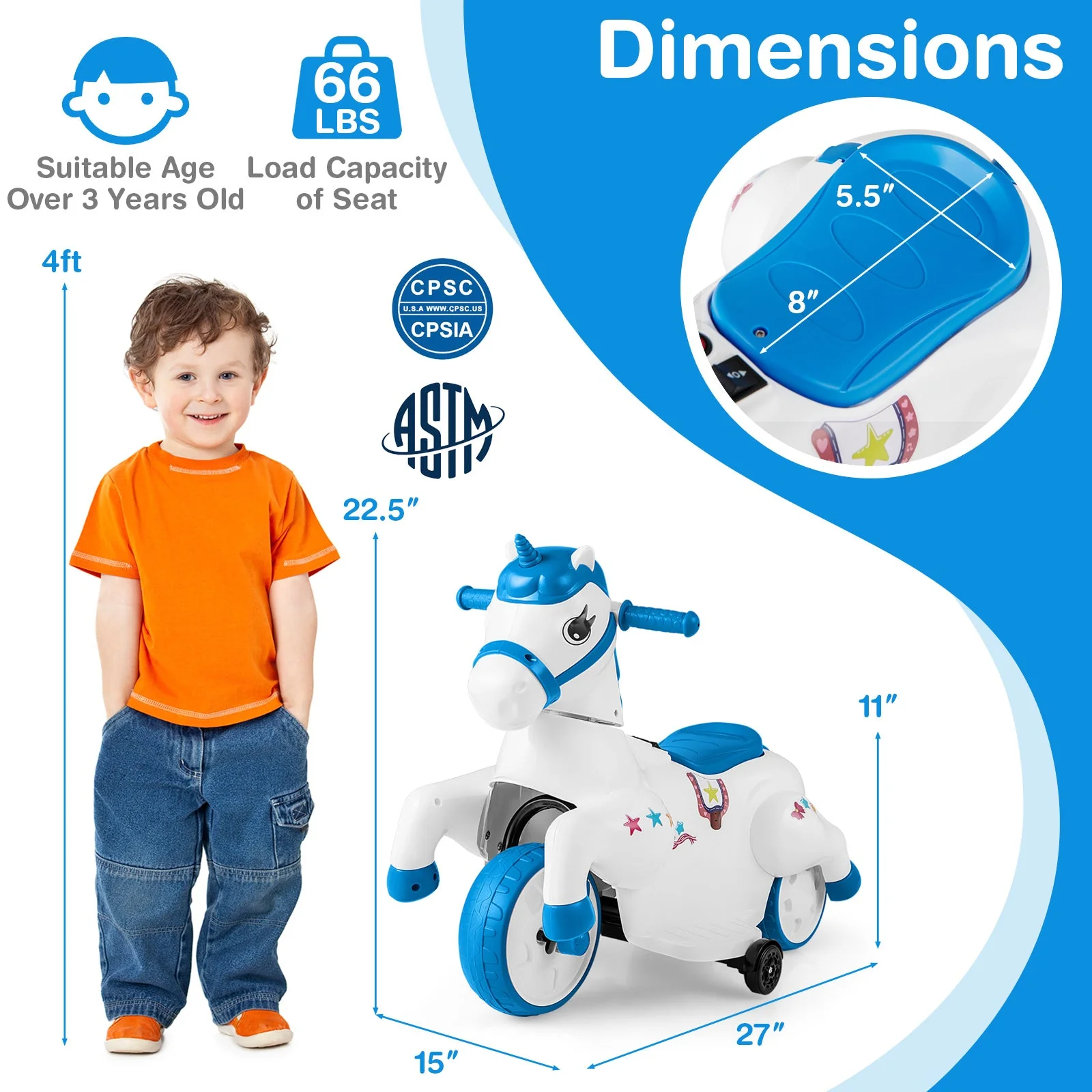 12V Unicorn Ride on Toy with Training Wheels and Horse Riding Mode-Navy - Image 5