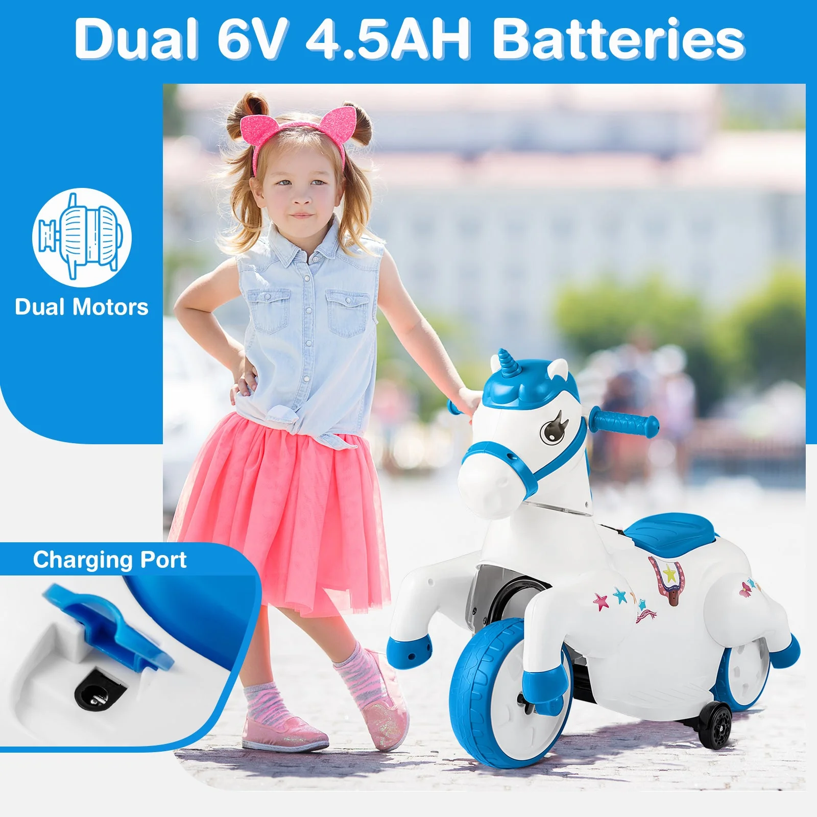 12V Unicorn Ride on Toy with Training Wheels and Horse Riding Mode-Navy - Image 6