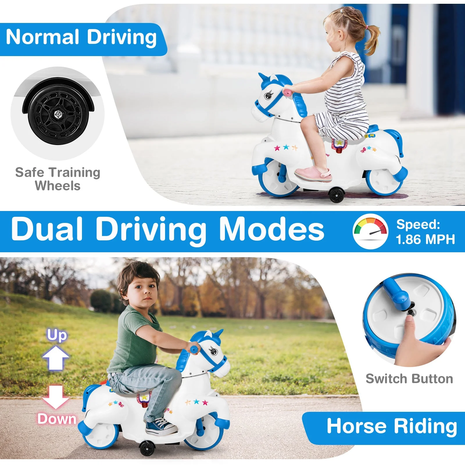 12V Unicorn Ride on Toy with Training Wheels and Horse Riding Mode-Navy - Image 7