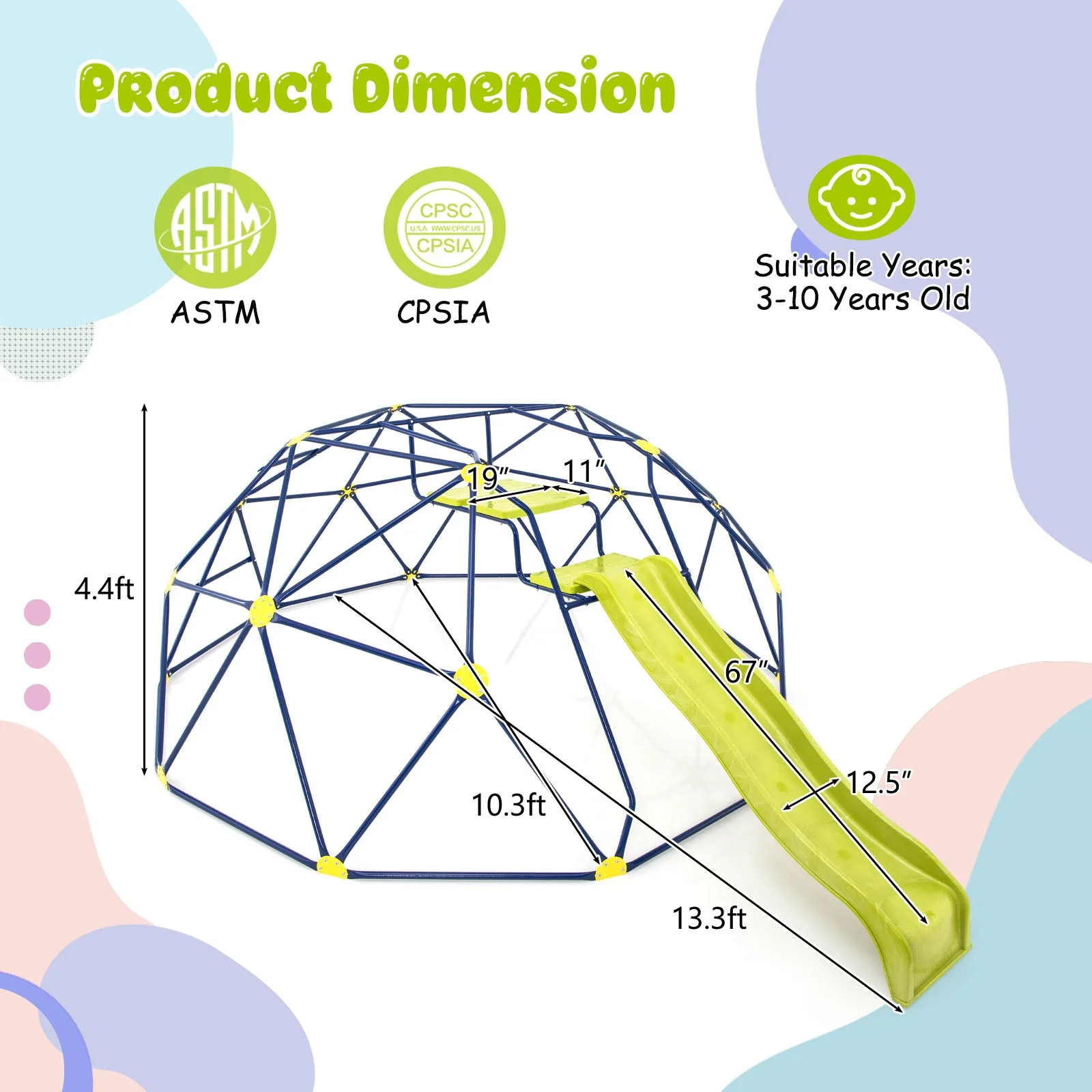 13.3 FT Climbing Dome Geometric Dome Climber with Extended Wavy Slide and 2 Rest Platforms-Multicolor - Image 4
