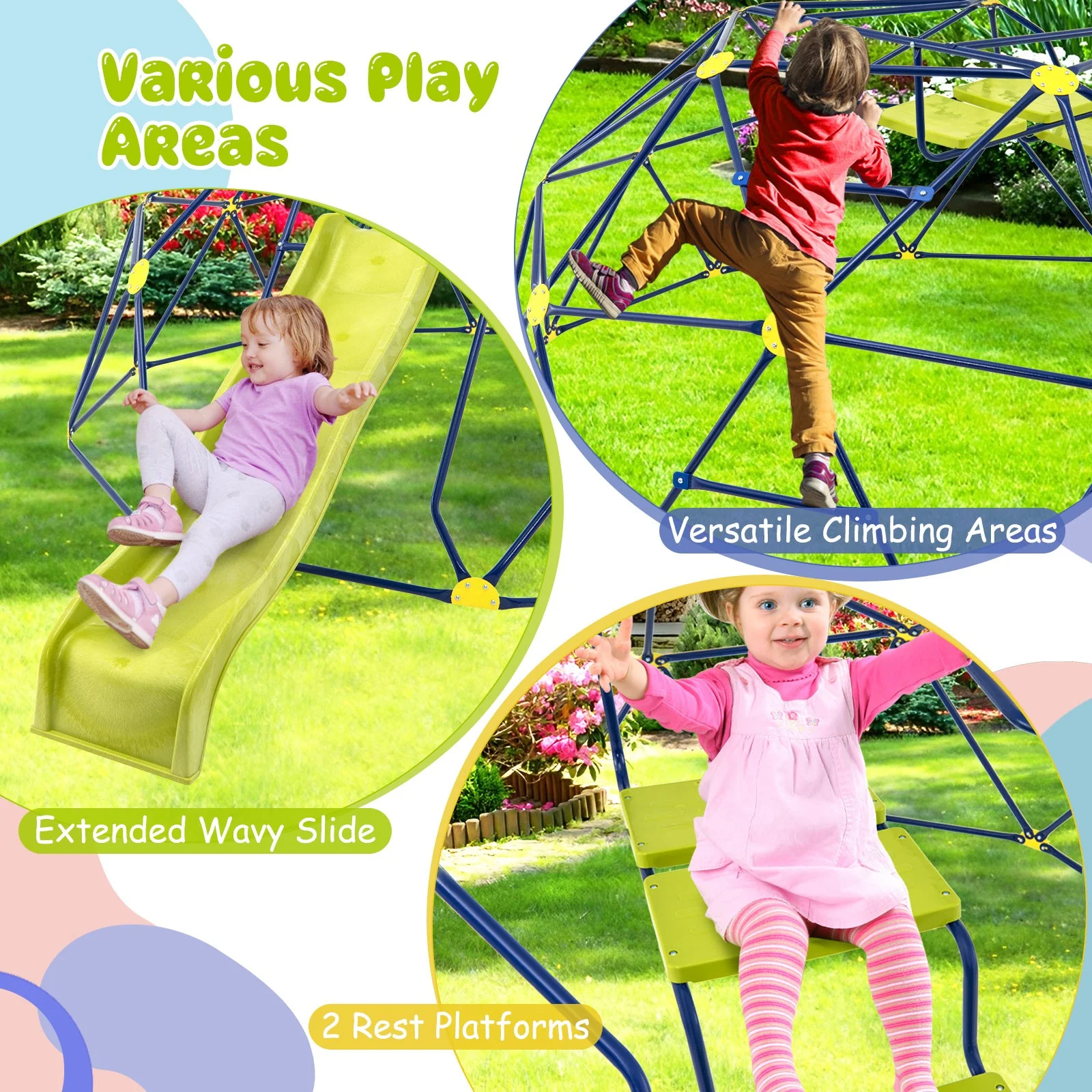 13.3 FT Climbing Dome Geometric Dome Climber with Extended Wavy Slide and 2 Rest Platforms-Multicolor - Image 7