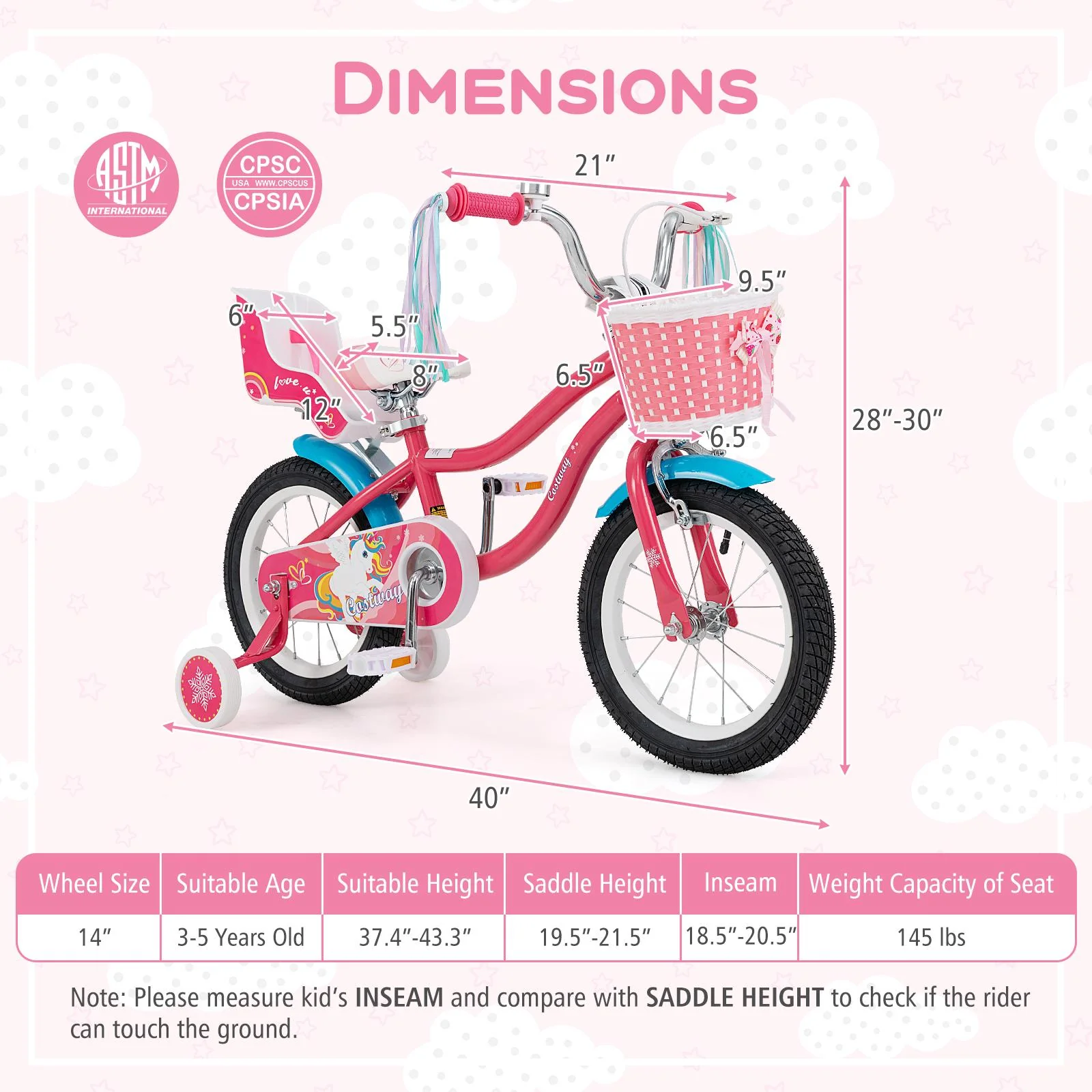 14 Inch Girls Bike for 3-5 Years Old Kids Bike with Doll Seat and Training Wheels - Image 4
