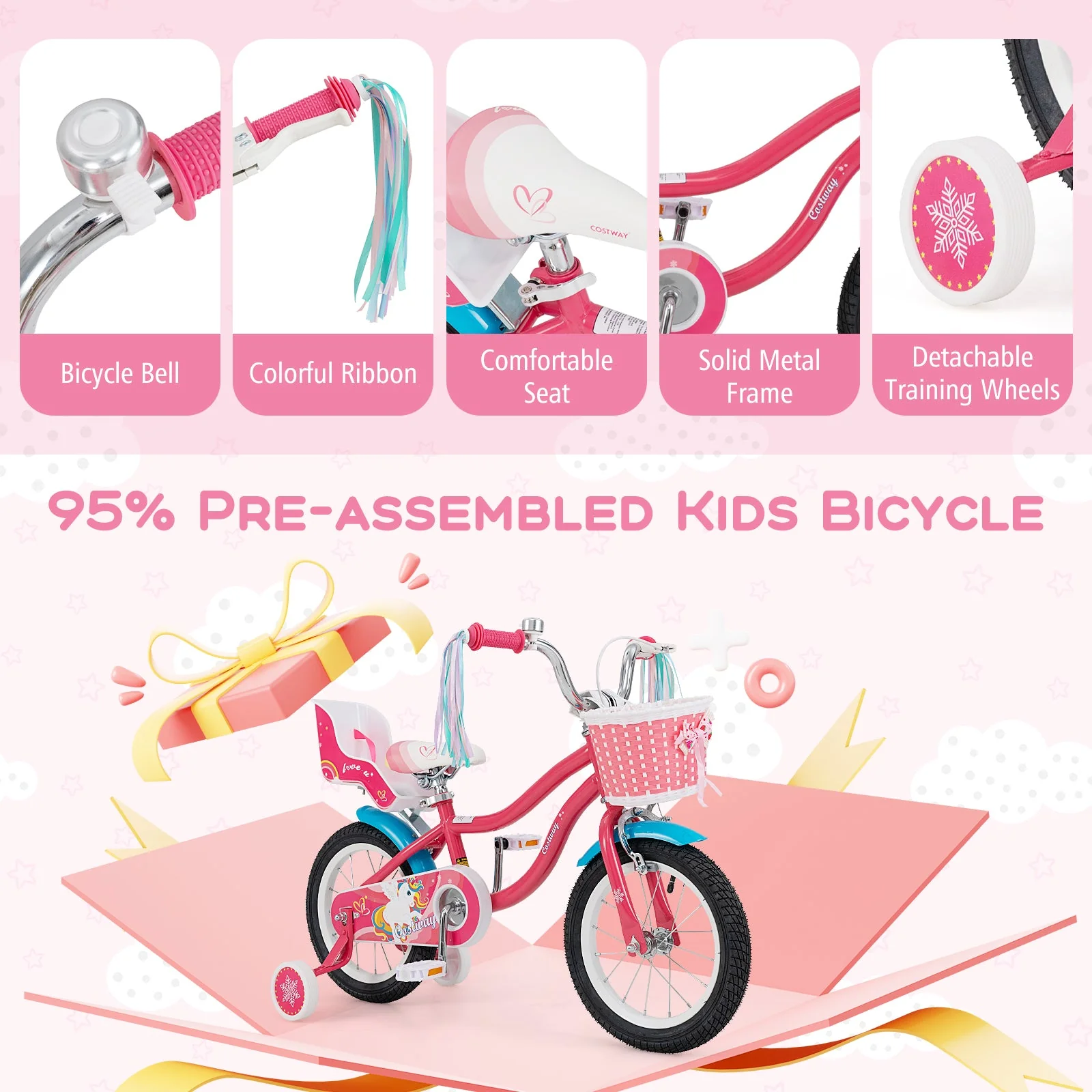 14 Inch Girls Bike for 3-5 Years Old Kids Bike with Doll Seat and Training Wheels - Image 6
