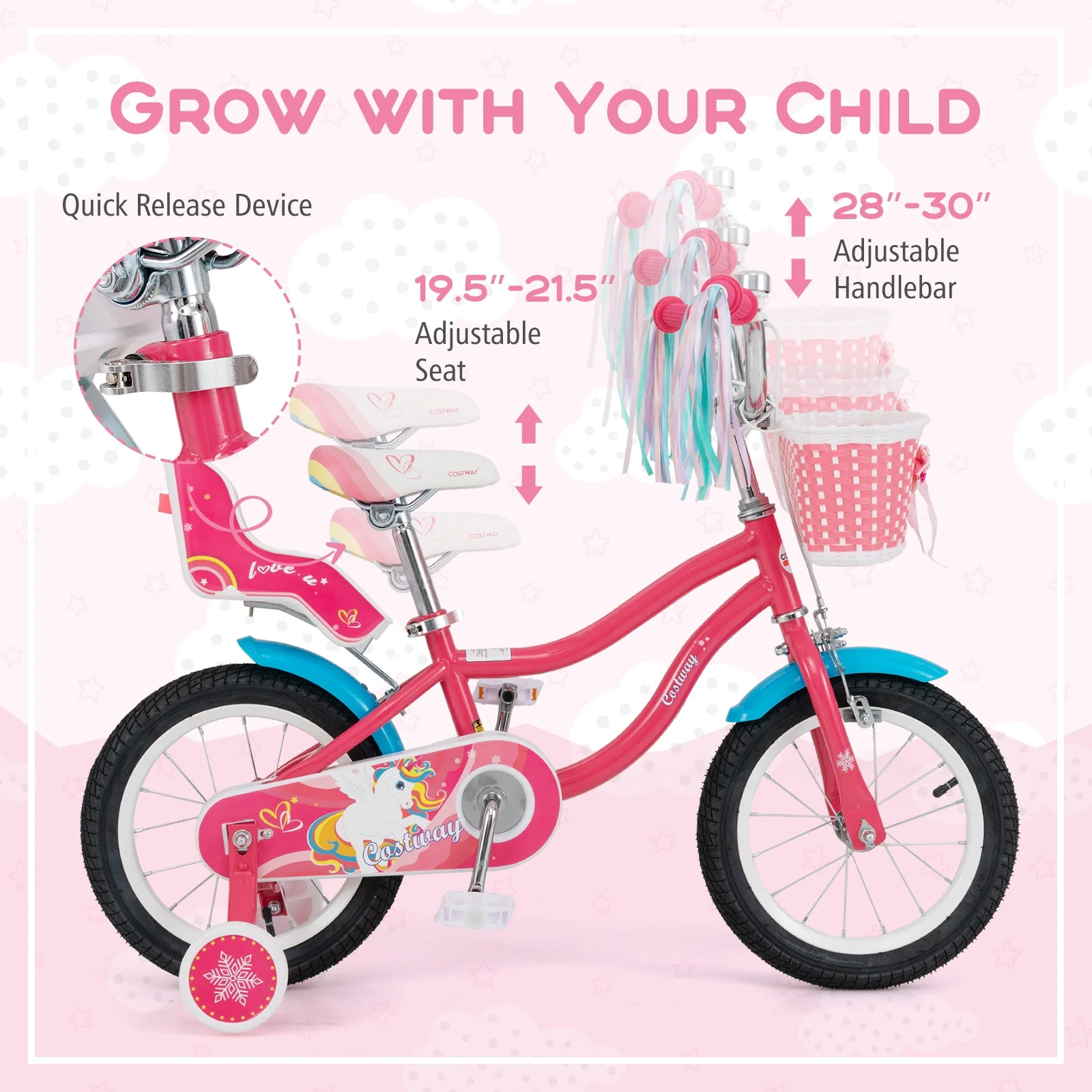 14 Inch Girls Bike for 3-5 Years Old Kids Bike with Doll Seat and Training Wheels - Image 7