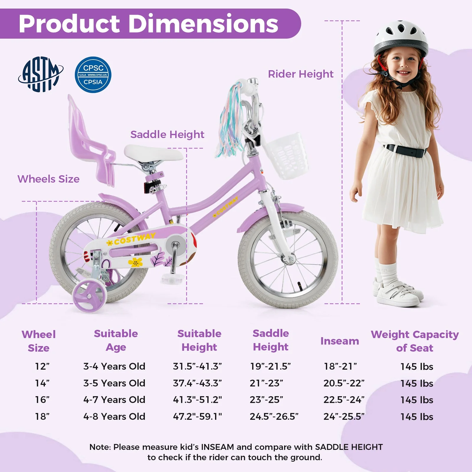 14 Inch Girls Bike Kids Bicycle with Doll Seat and Streamers for Children 3-5 Years Old - Image 4