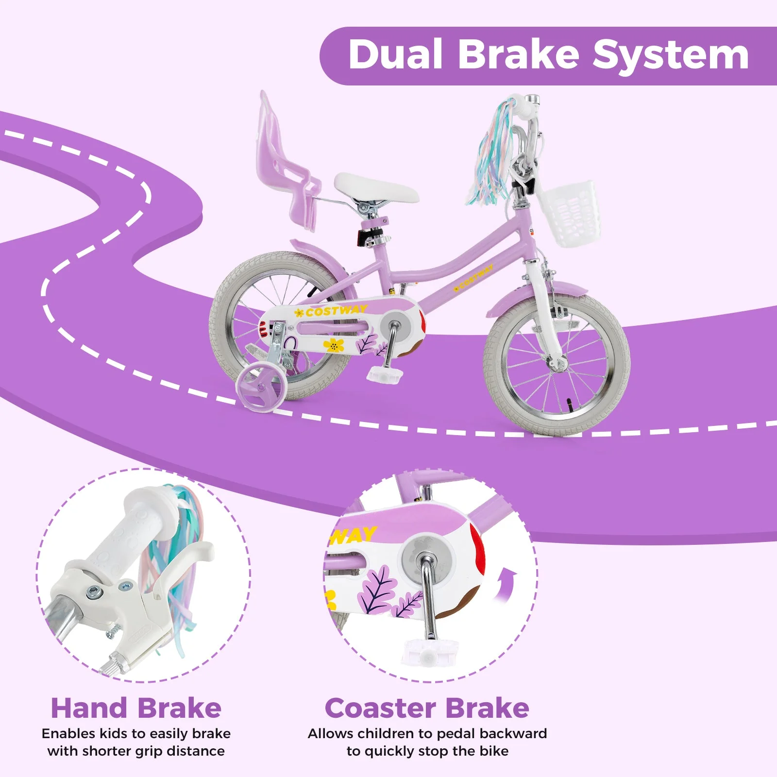 14 Inch Girls Bike Kids Bicycle with Doll Seat and Streamers for Children 3-5 Years Old - Image 8