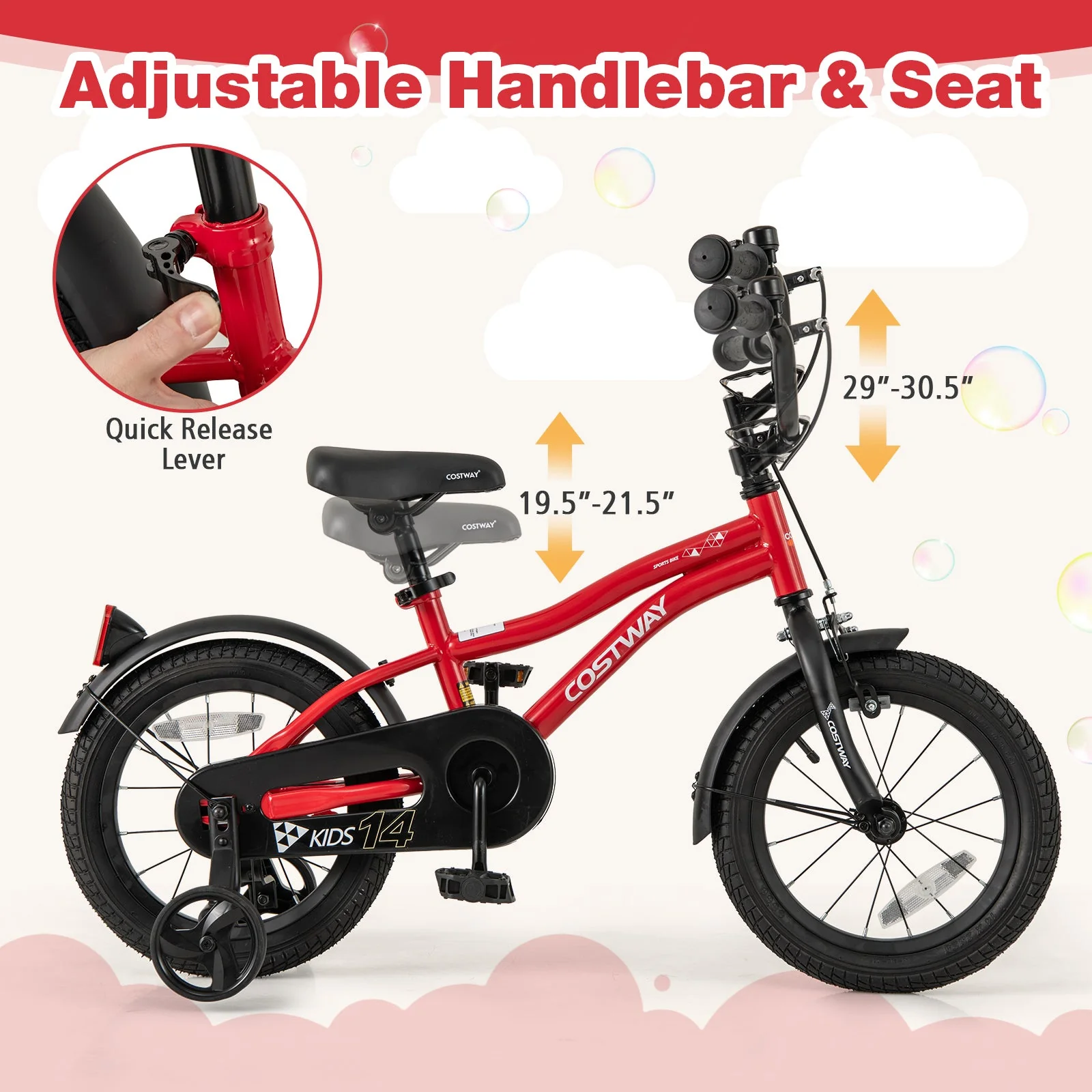 14 Inch Kids Bike Adjustable Bicycle with Reflectors and Bell for 3-5 Years Old - Image 6