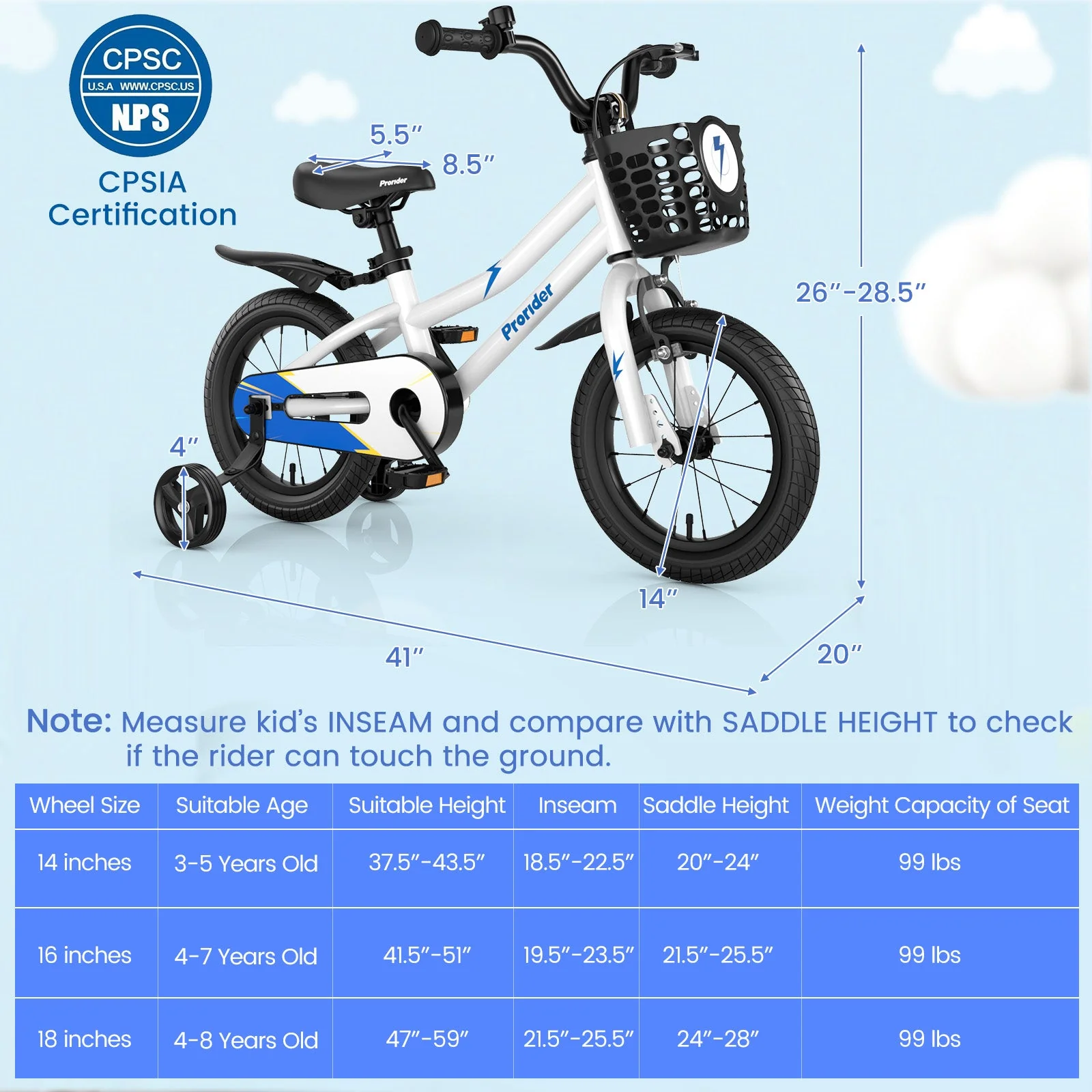 14 Inch Kids Bike Adjustable with 2 Training Wheels for 3-5 Years Old-White - Image 4