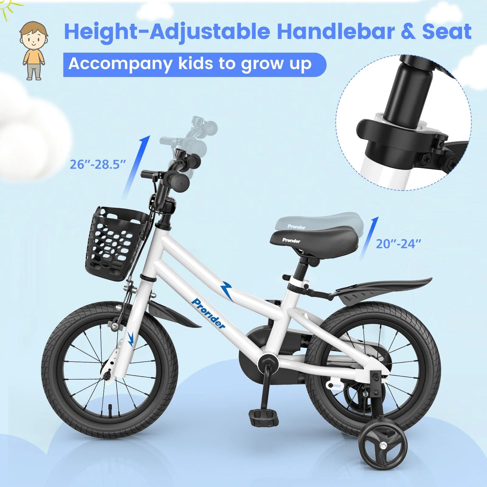 14 Inch Kids Bike Adjustable with 2 Training Wheels for 3-5 Years Old-White - Image 6