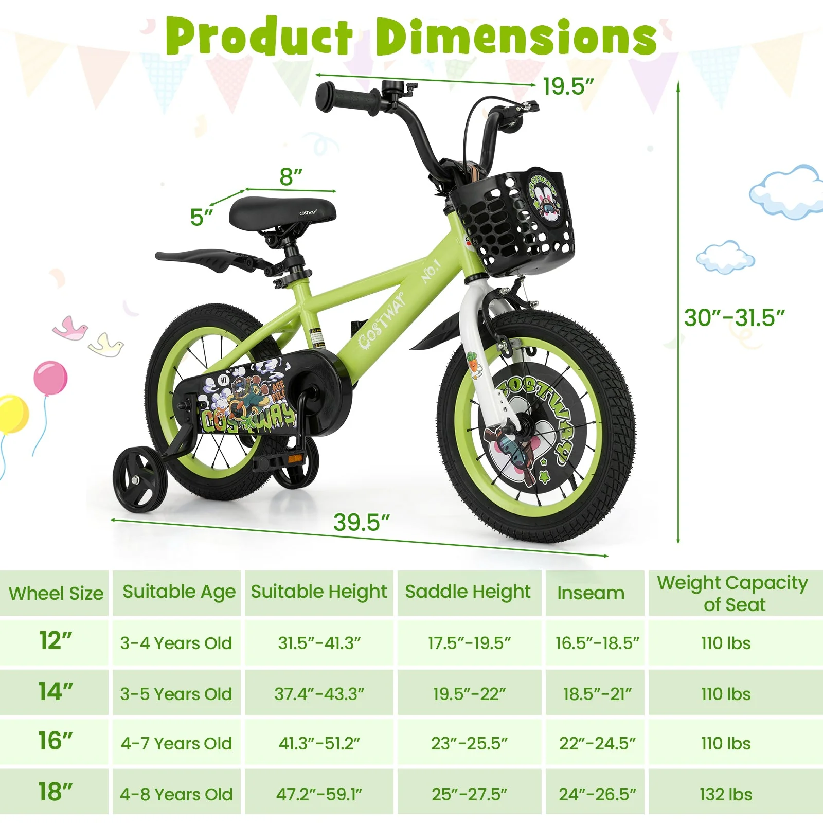 14 Inch Kids Bike Adjustable with Detachable Training Wheels for 3-5 Years Old-14 inches - Image 4