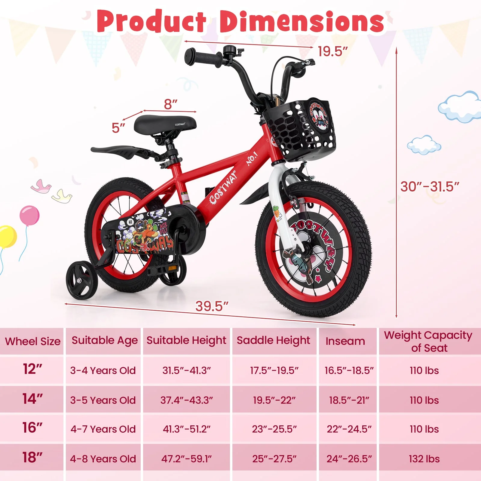 14 Inch Kids Bike Adjustable with Storage Basket and Double Brake for 3-5 Years Old-14 inches - Image 4