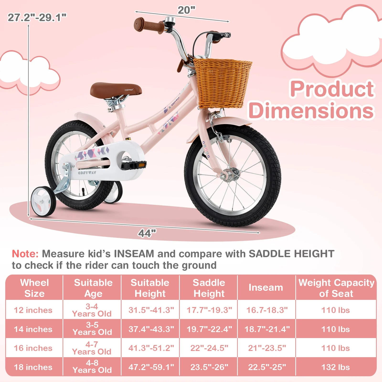 14 Inch Kids Bike Retro Bicycle with Adjustable Height and Basket for Ages 3-5 Years Old- - Image 3