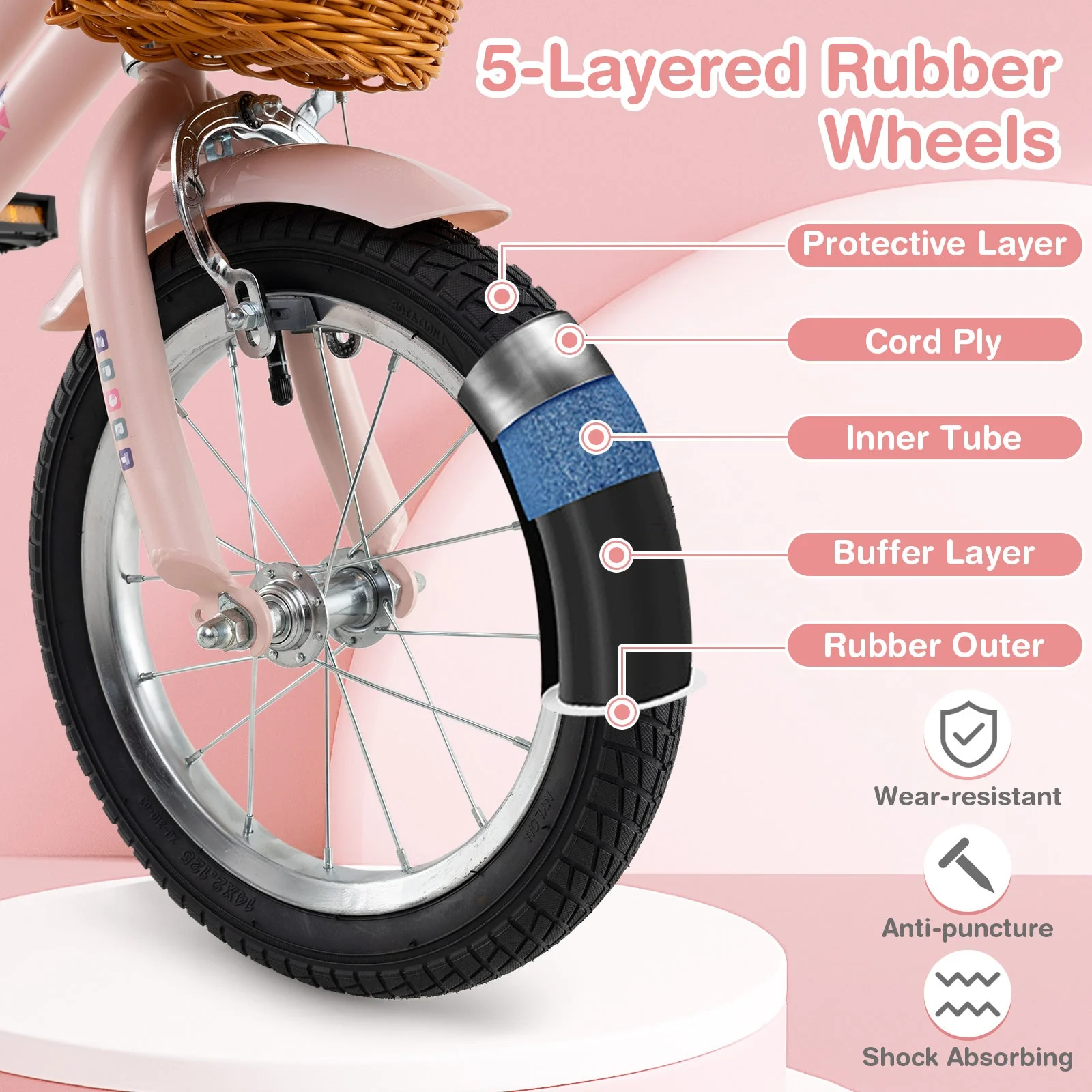 14 Inch Kids Bike Retro Bicycle with Adjustable Height and Basket for Ages 3-5 Years Old- - Image 4