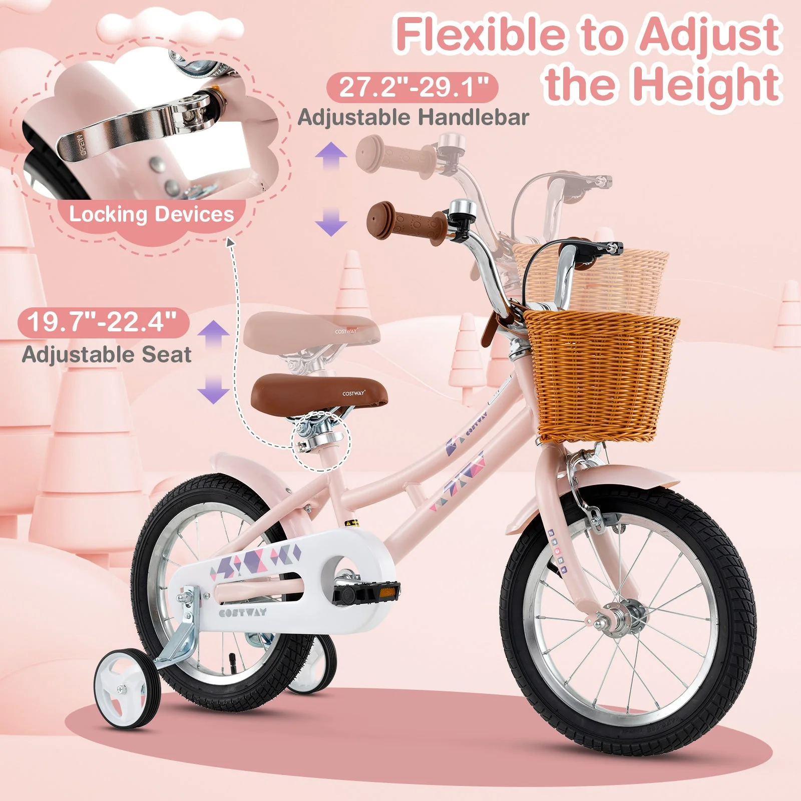 14 Inch Kids Bike Retro Bicycle with Adjustable Height and Basket for Ages 3-5 Years Old- - Image 6