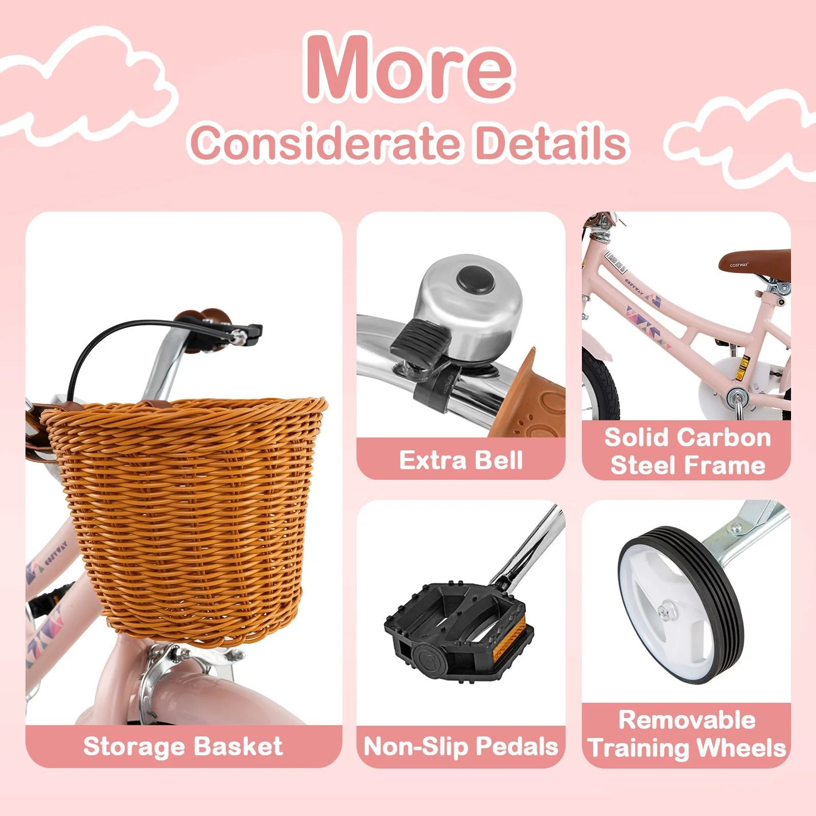 14 Inch Kids Bike Retro Bicycle with Adjustable Height and Basket for Ages 3-5 Years Old- - Image 7