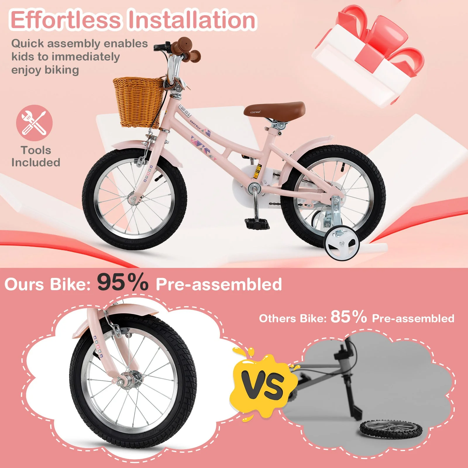 14 Inch Kids Bike Retro Bicycle with Adjustable Height and Basket for Ages 3-5 Years Old- - Image 8