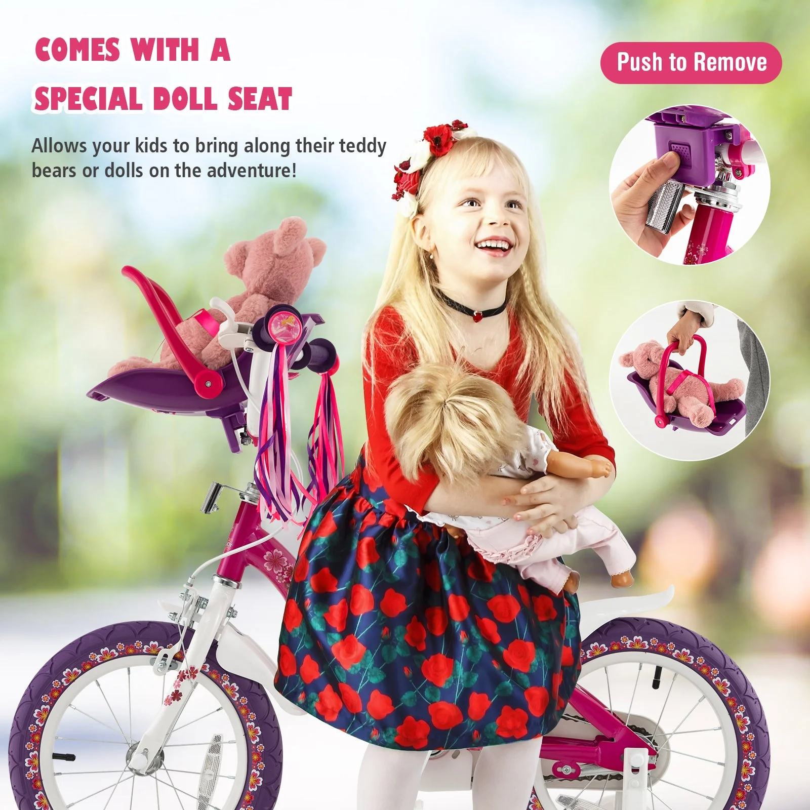 14 Inch Kids Bike with Doll Seat and Removable Training Wheels-14 inches - Image 5