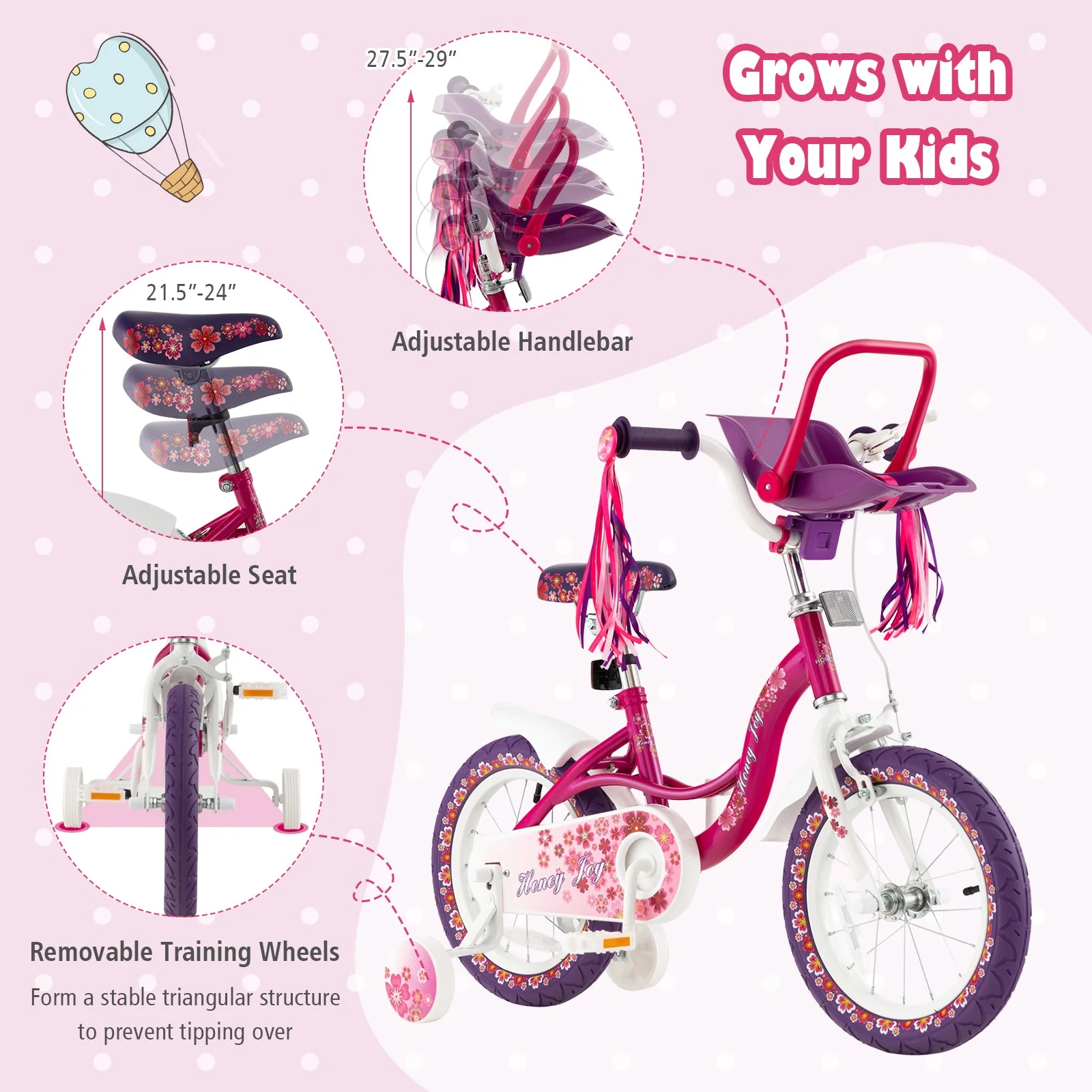 14 Inch Kids Bike with Doll Seat and Removable Training Wheels-14 inches - Image 6