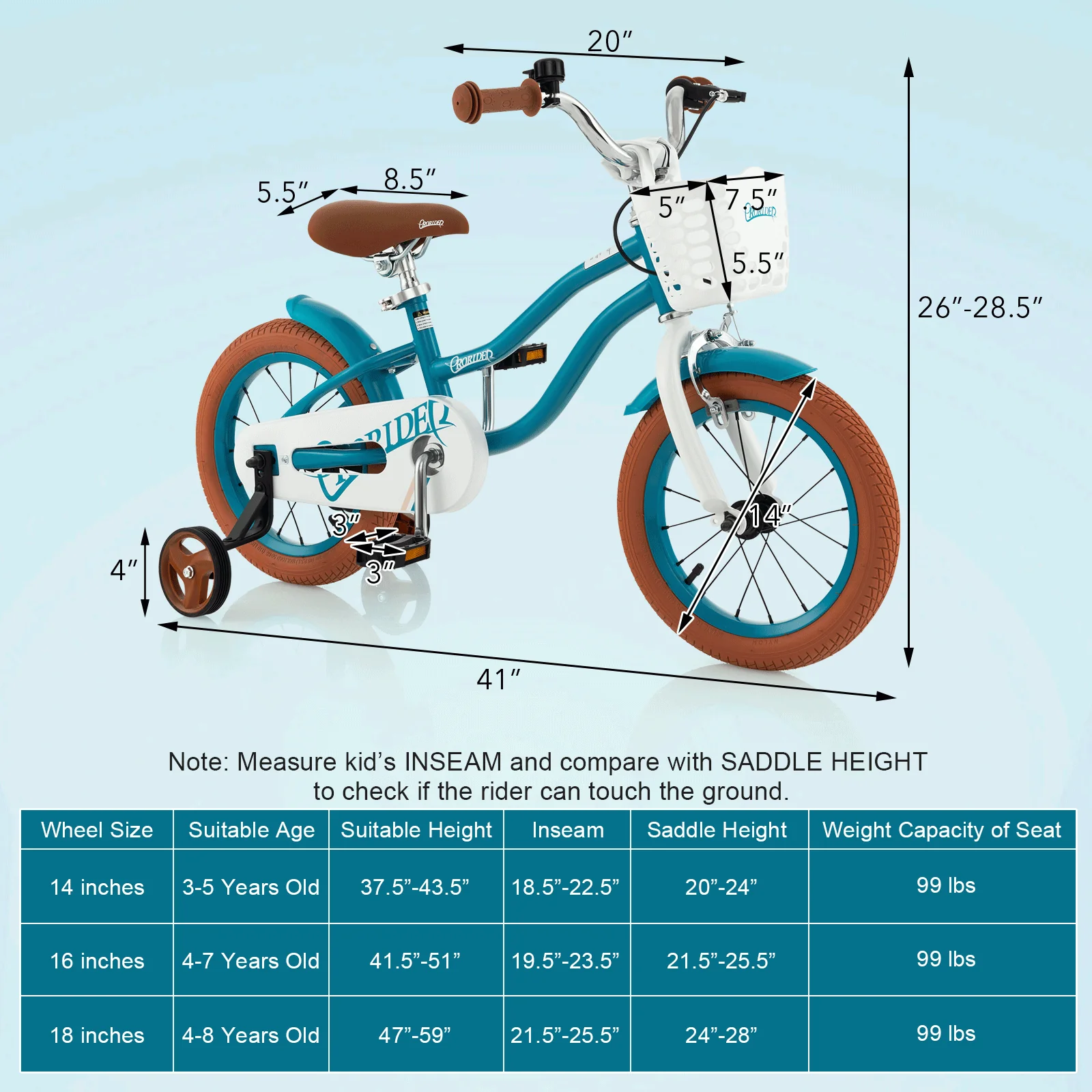 14 Inch Kid's Bike with Removable Training Wheels and Basket-Blue - Image 3