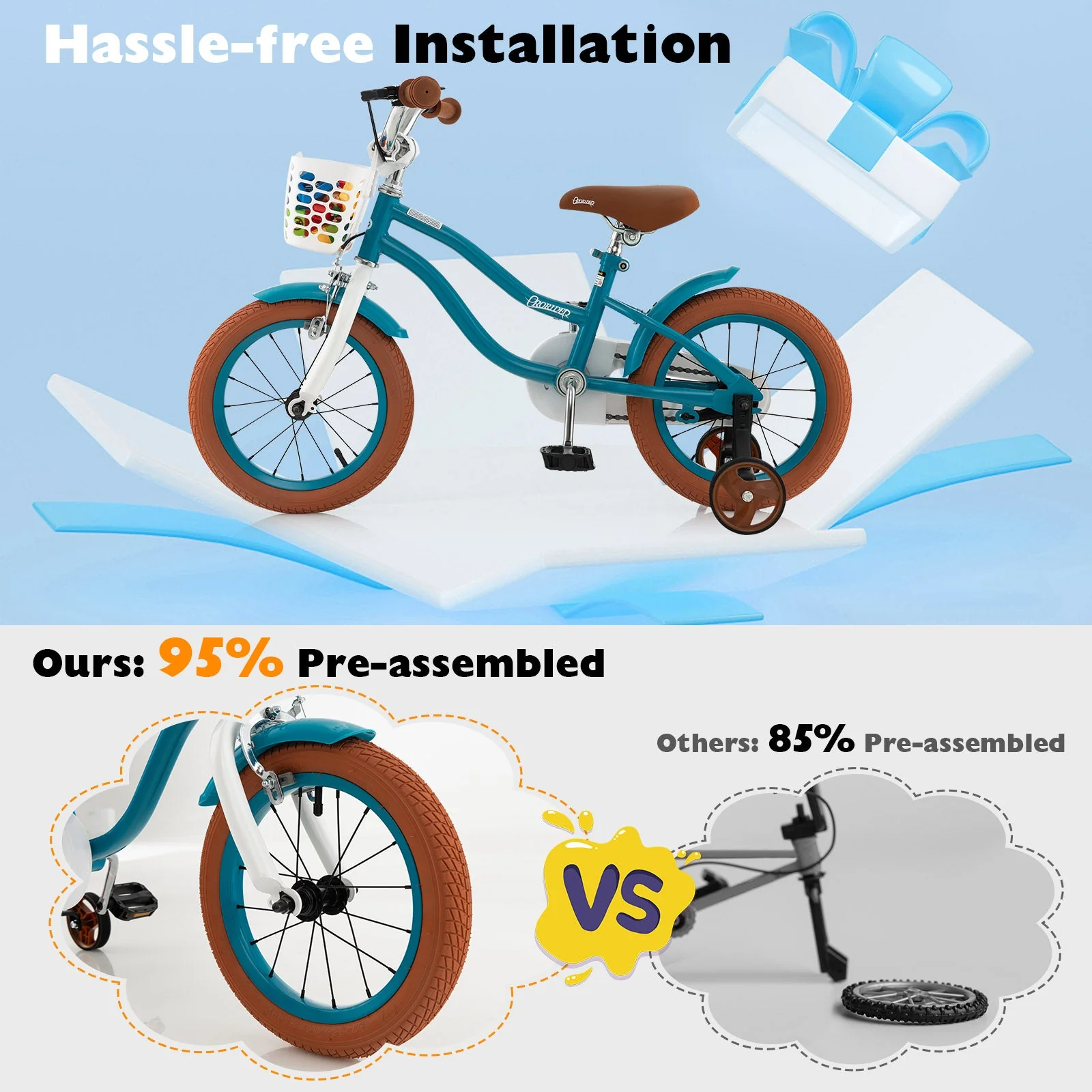 14 Inch Kid's Bike with Removable Training Wheels and Basket-Blue - Image 6
