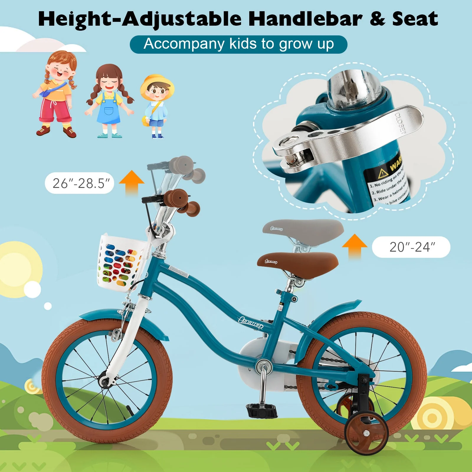 14 Inch Kid's Bike with Removable Training Wheels and Basket-Blue - Image 8
