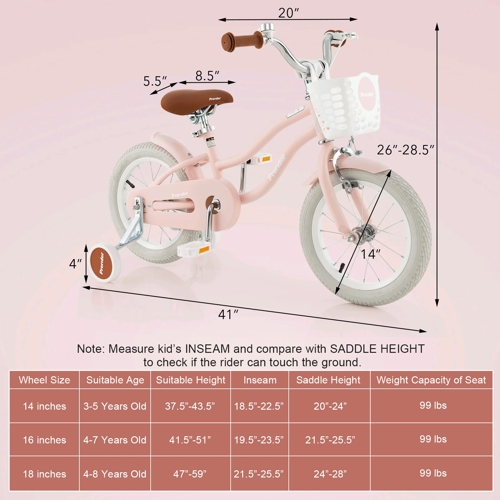 14 Inch Kid's Bike with Removable Training Wheels and Basket-Pink - Image 3
