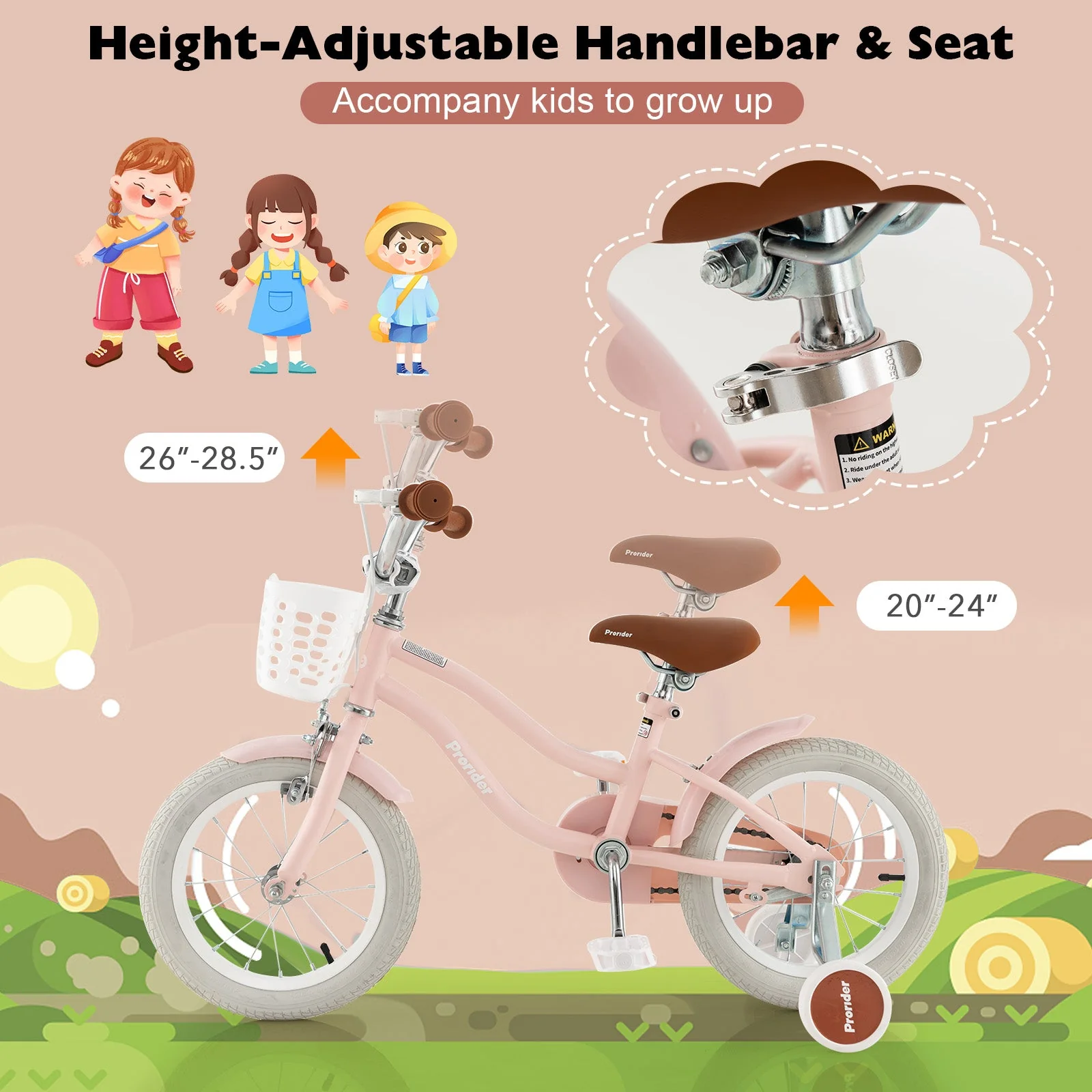 14 Inch Kid's Bike with Removable Training Wheels and Basket-Pink - Image 8