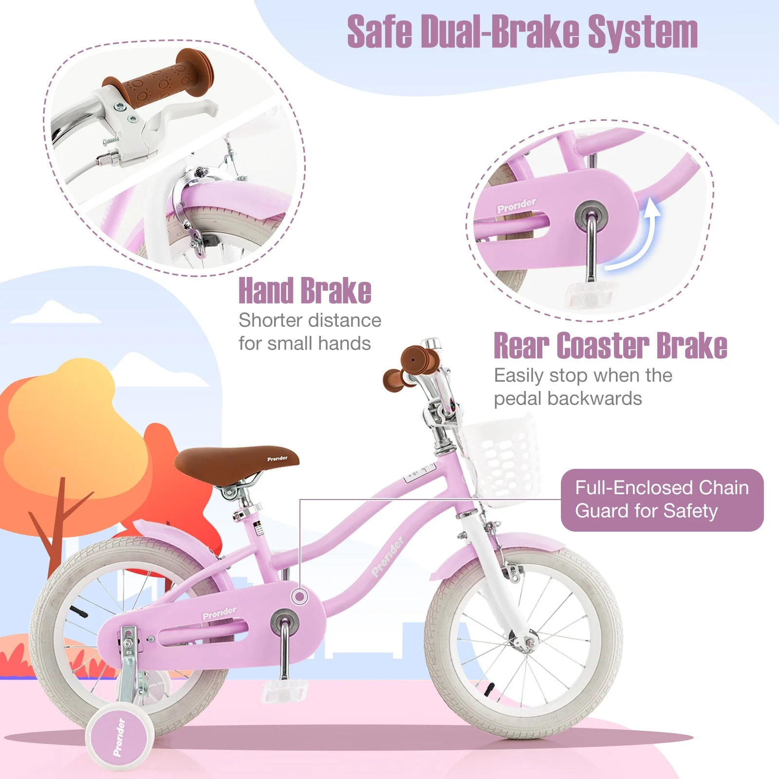 14 Inch Kid's Bike with Removable Training Wheels and Basket-Purple - Image 4