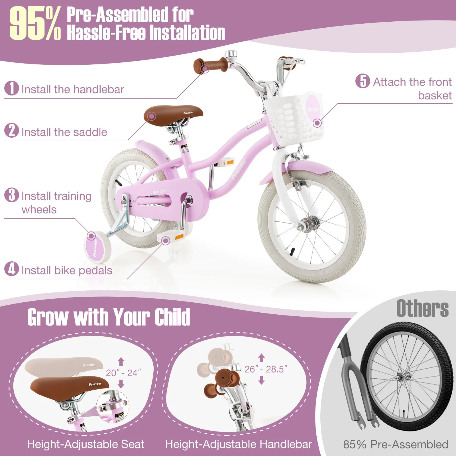 14 Inch Kid's Bike with Removable Training Wheels and Basket-Purple - Image 5