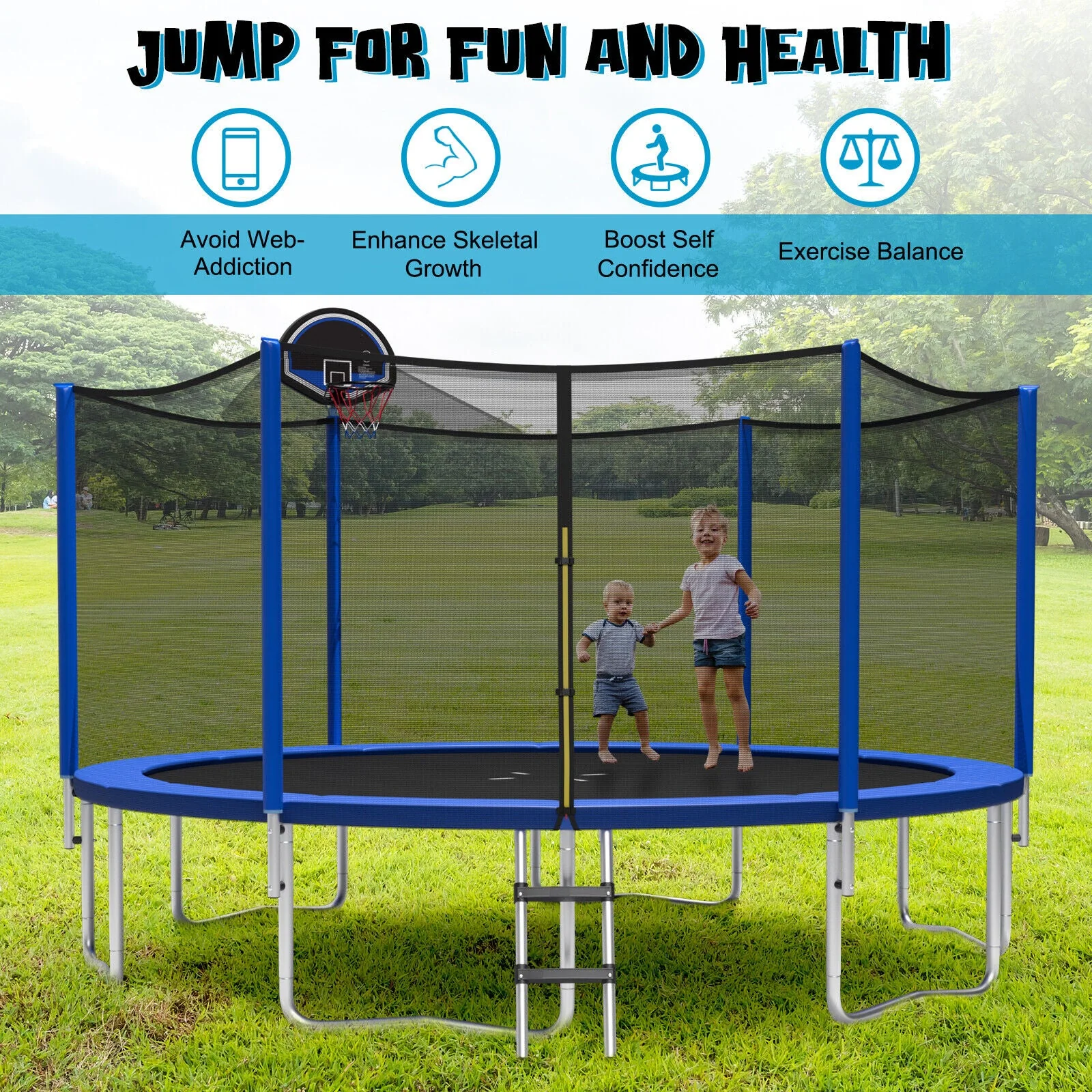 15/16 Feet Outdoor Recreational Trampoline with Enclosure Net-16 ft - Image 2