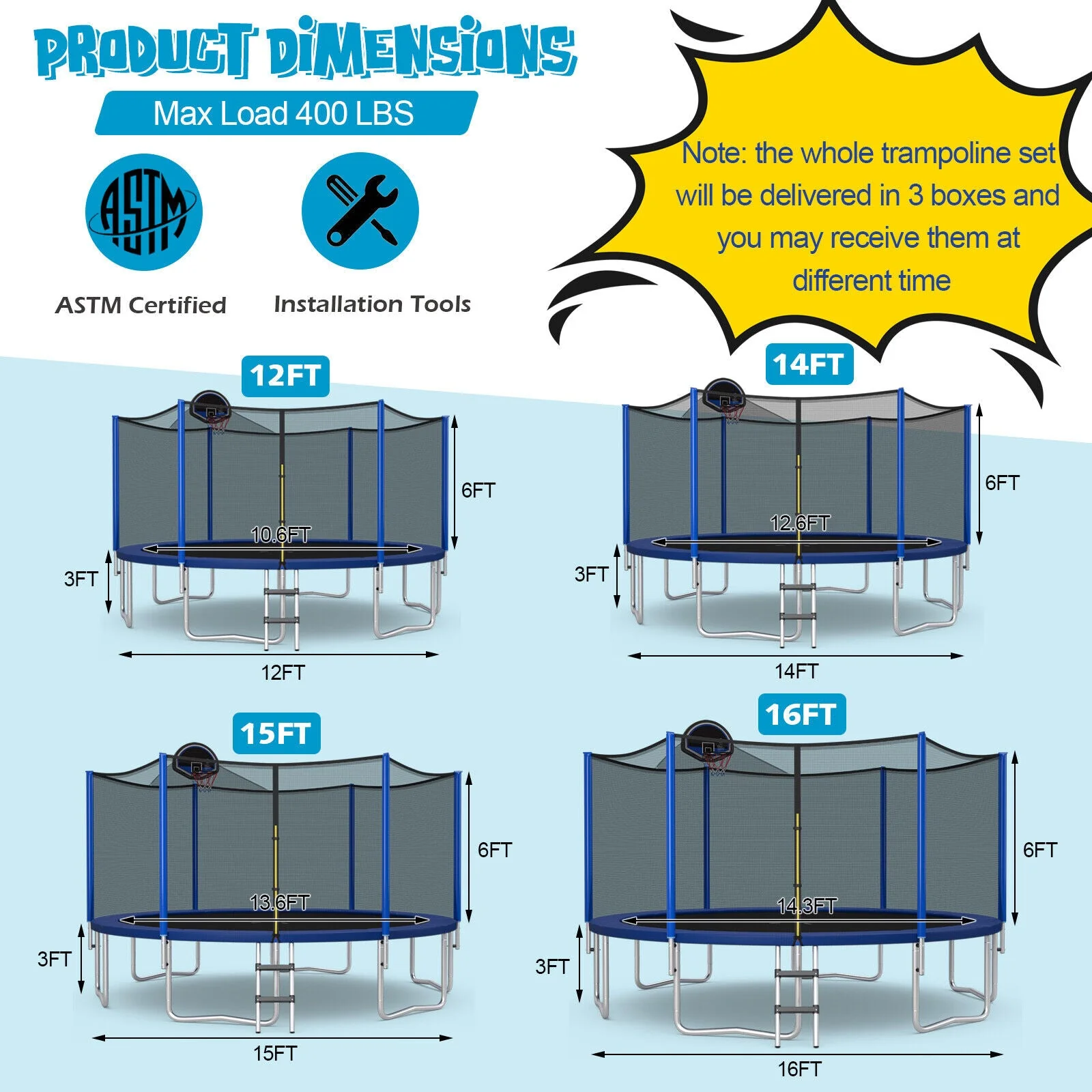 15/16 Feet Outdoor Recreational Trampoline with Enclosure Net-16 ft - Image 5