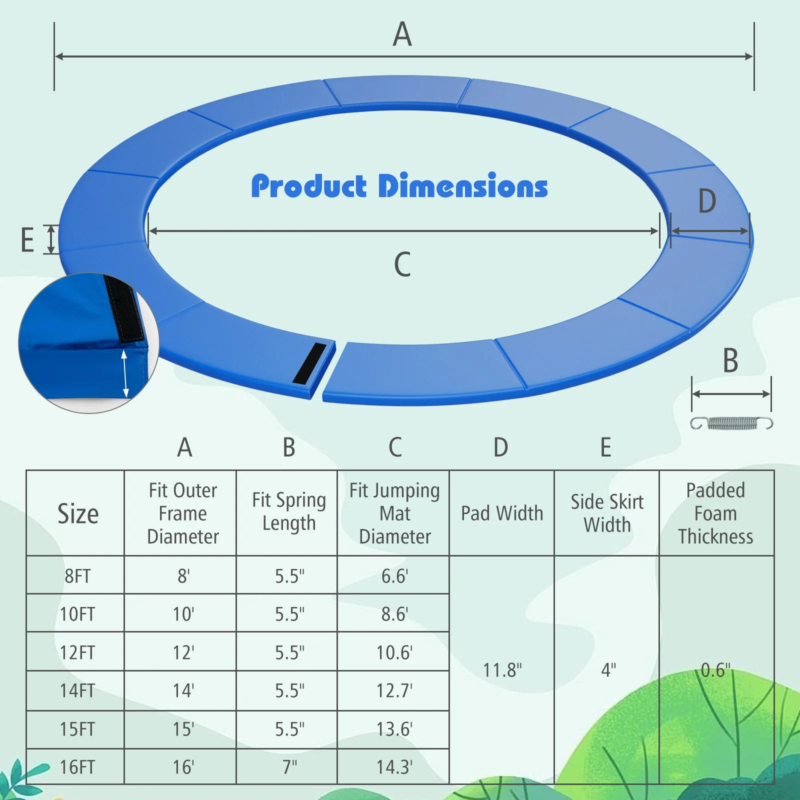 16 Feet Trampoline Pad Replacement Safety Pad with Fixing Straps (Blue) - Image 5