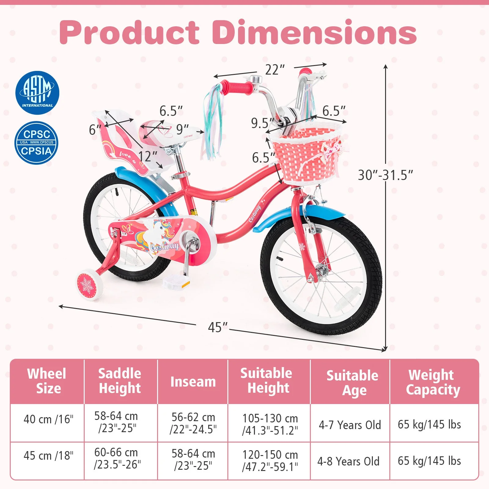 16 Inch Girls Bike for 4-7 Years Old Kids Bike with Doll Seat and Training Wheels - Image 4