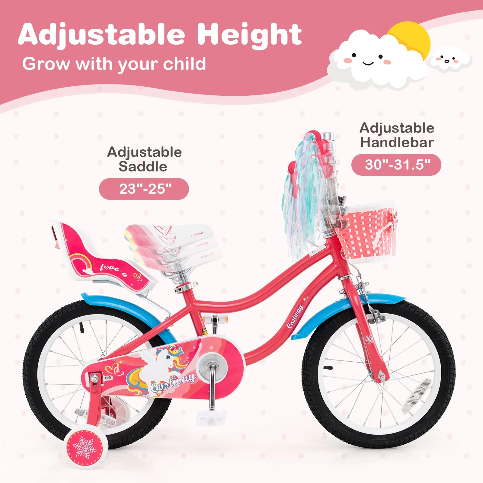 16 Inch Girls Bike for 4-7 Years Old Kids Bike with Doll Seat and Training Wheels - Image 5